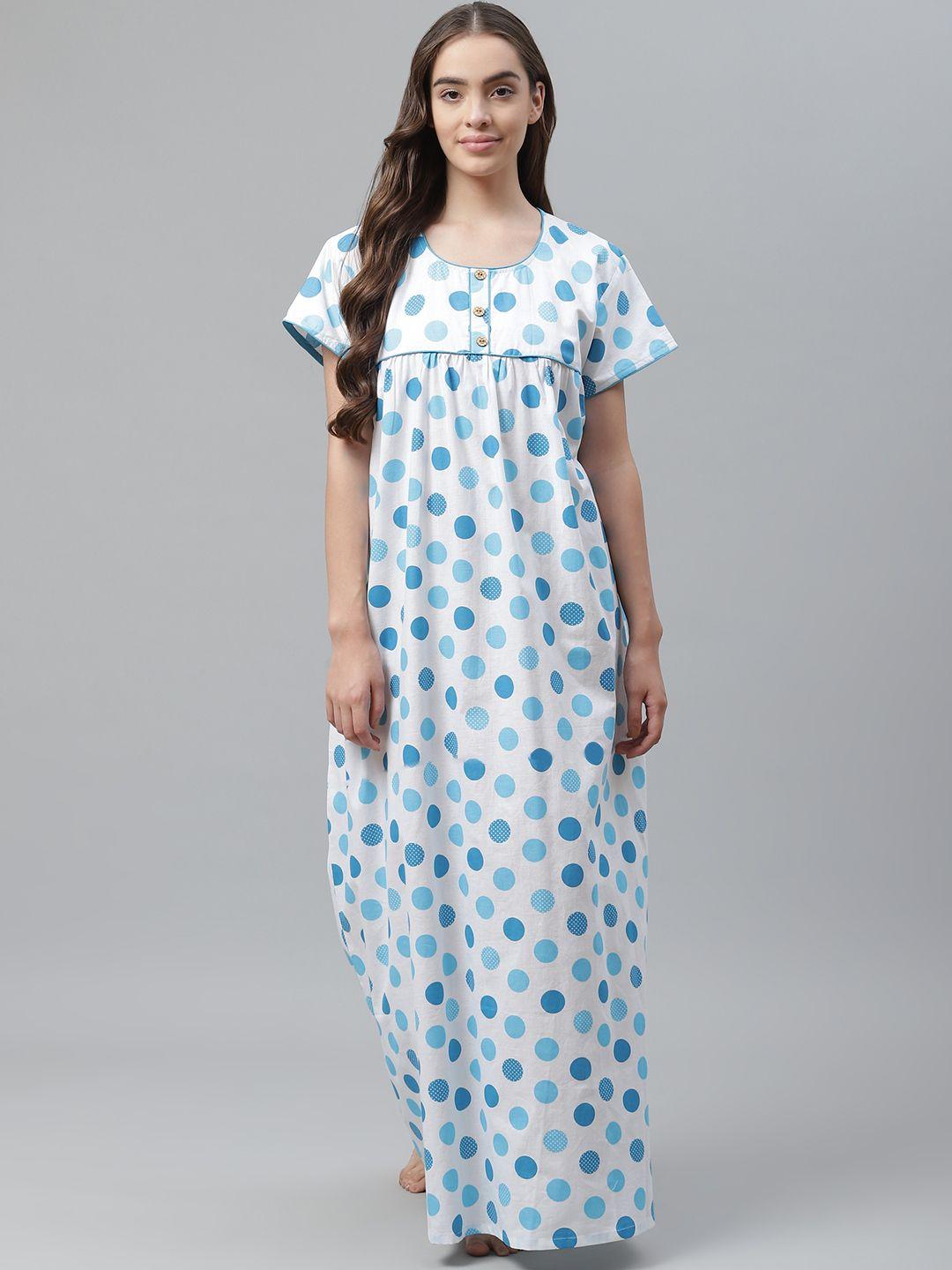 vemante white & blue polka dot printed pure cotton maxi nightdress