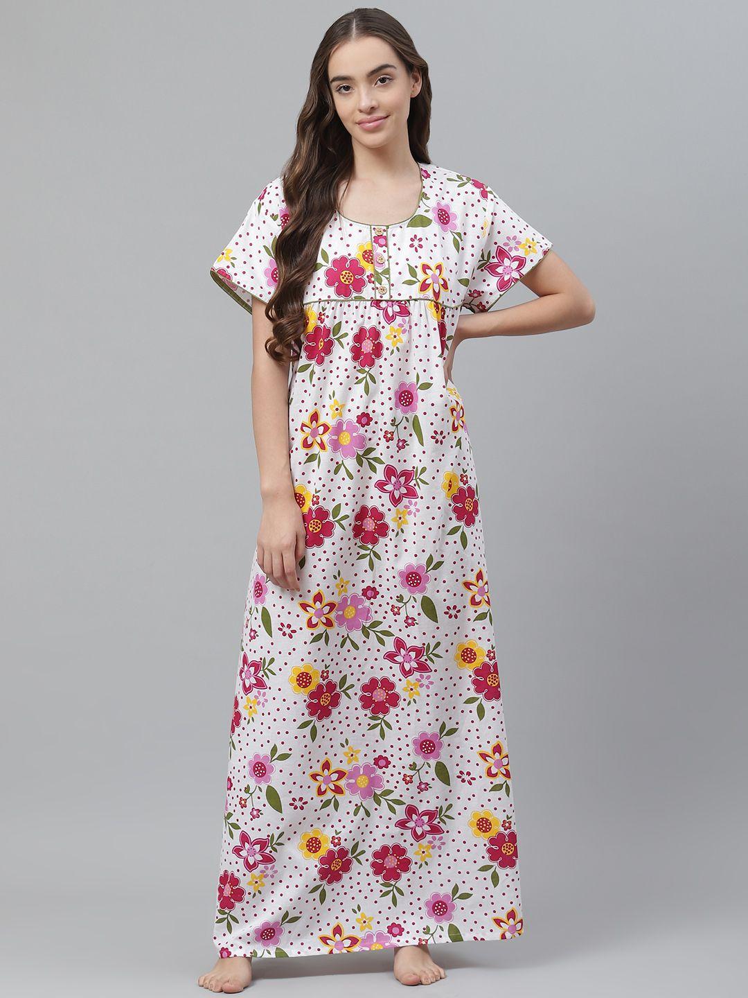 vemante white & pink floral printed pure cotton maxi nightdress