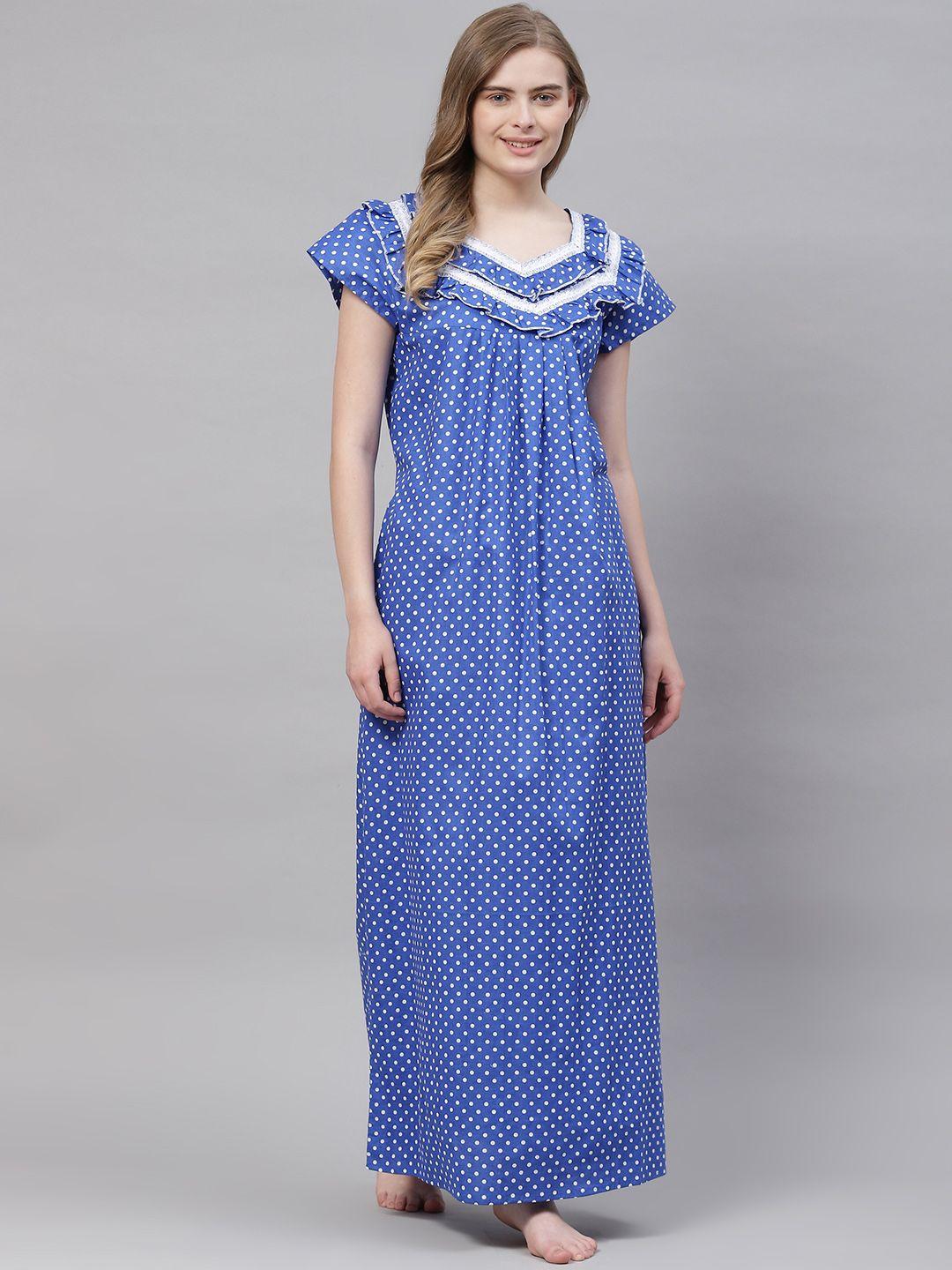 vemante women blue pure cotton geometric printed maxi nightdress