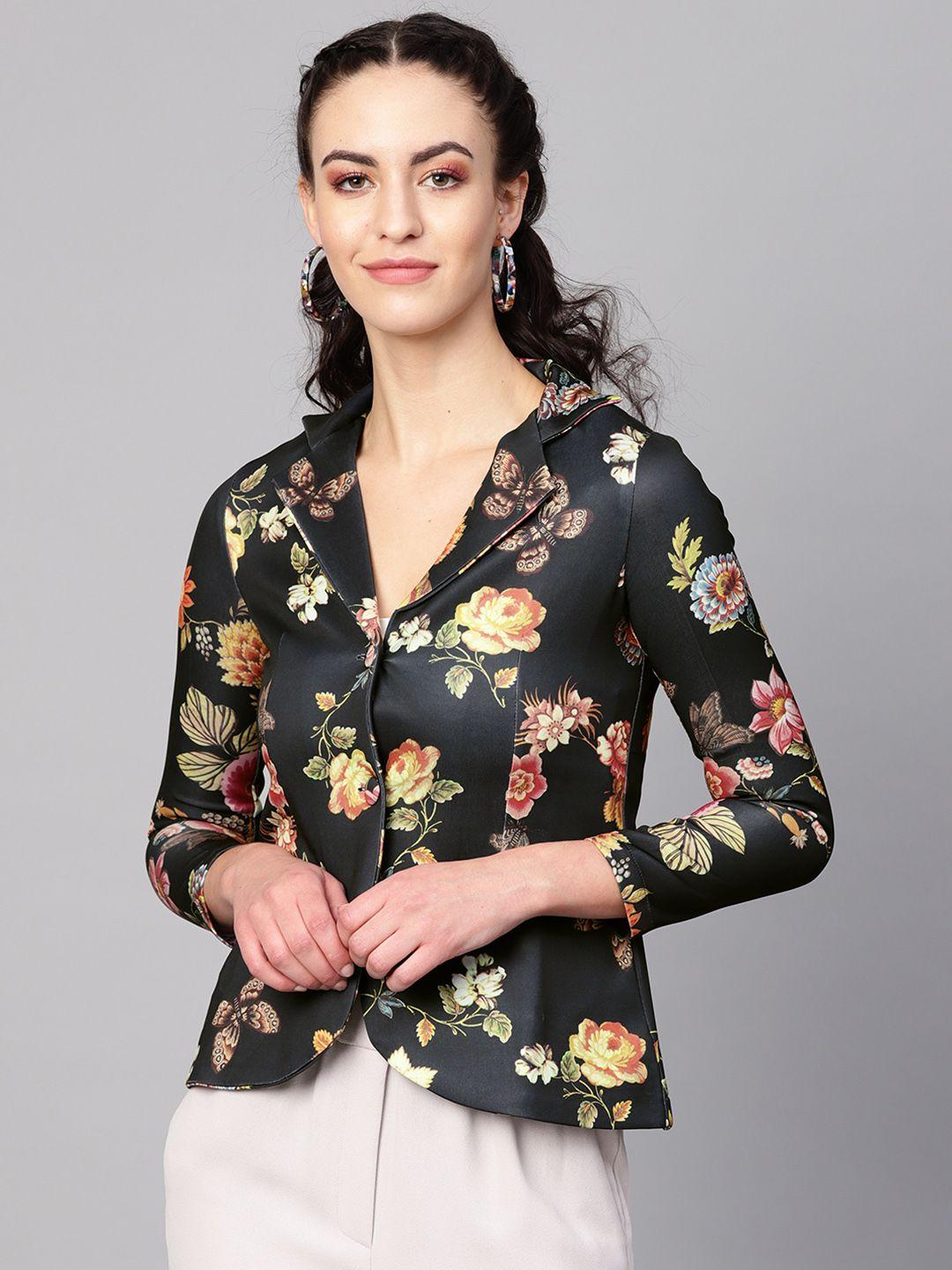 vemante women charcoal grey & yellow single-breasted printed casual blazer