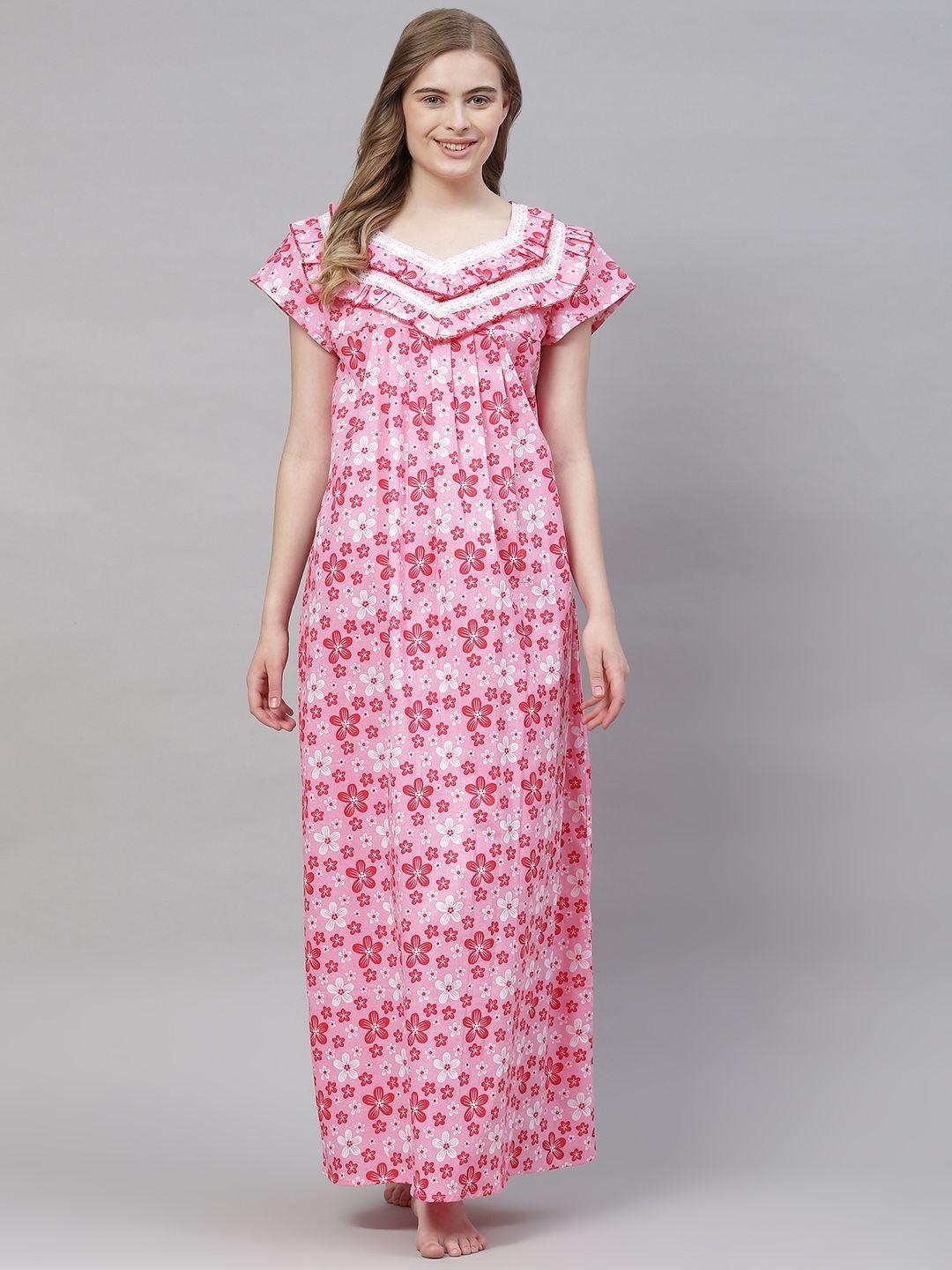 vemante women pink pure cotton floral printed maxi nightdress