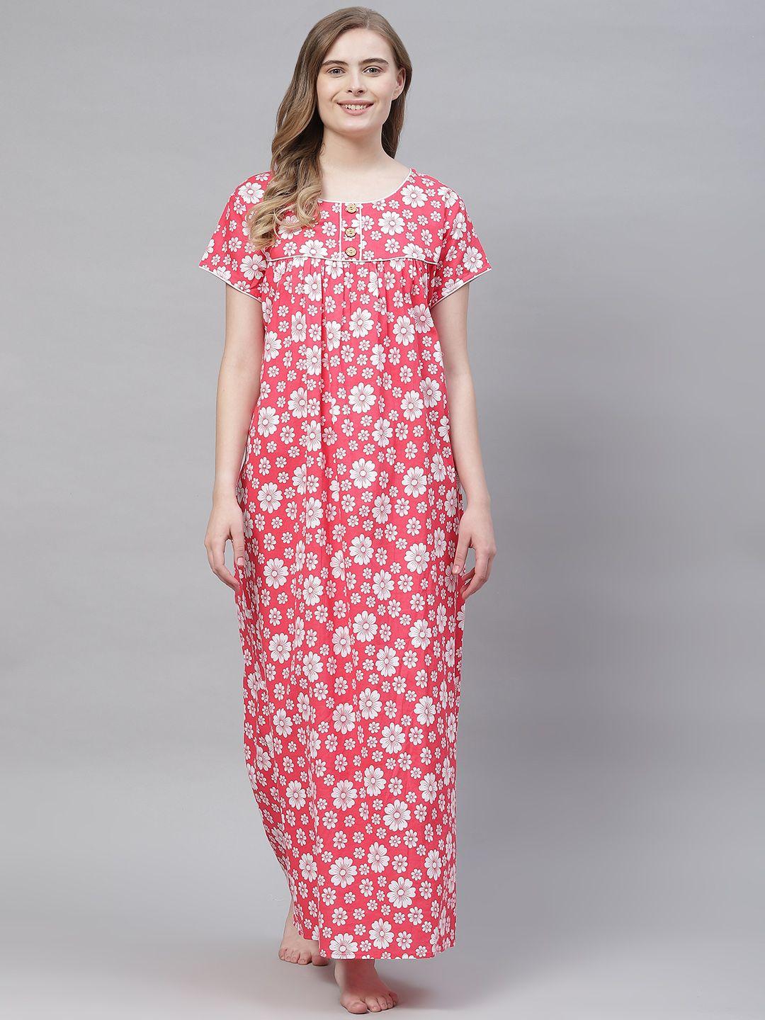 vemante women red pure cotton floral printed maxi nightdress