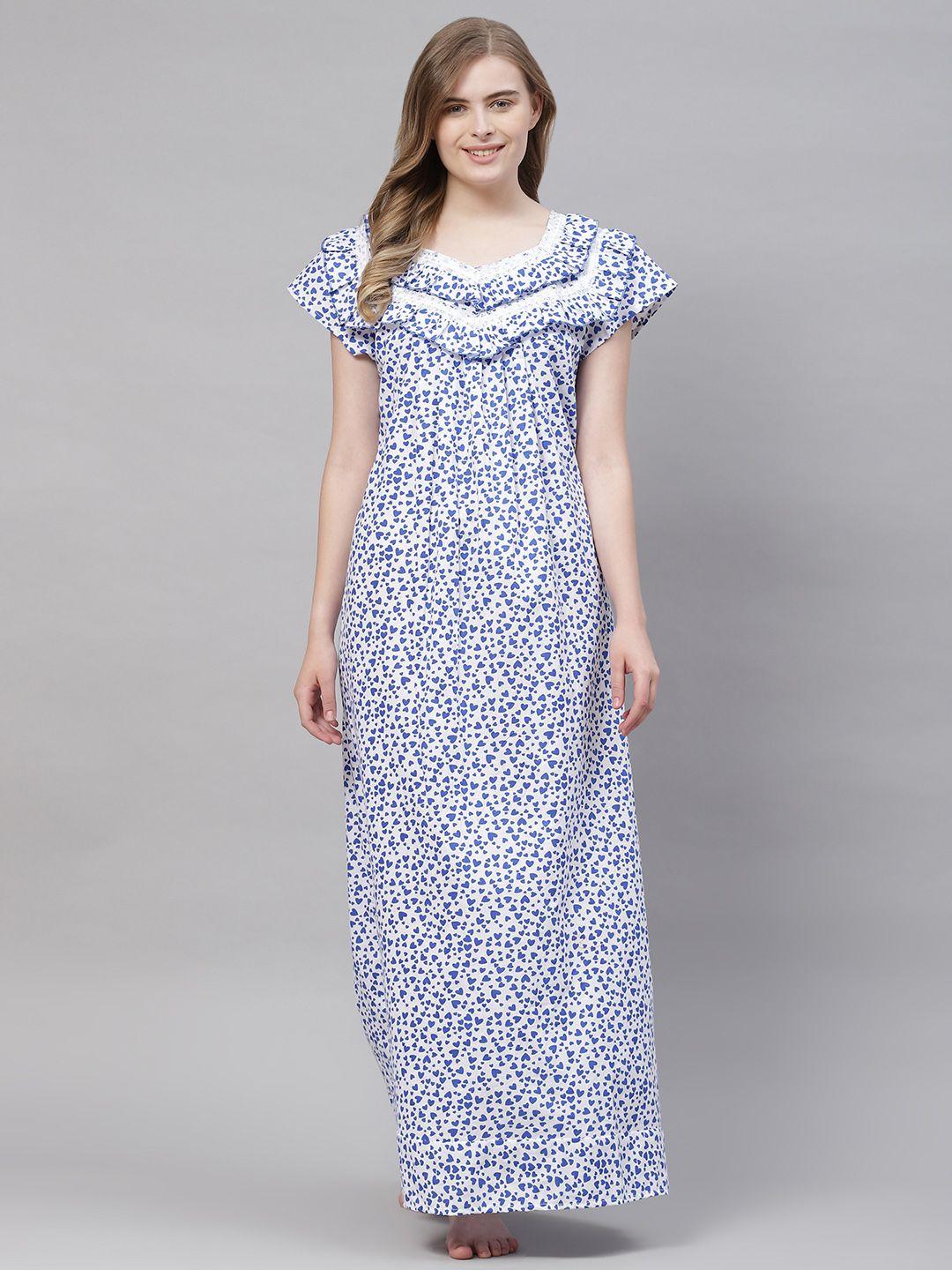 vemante women white pure cotton conversational printed maxi nightdress