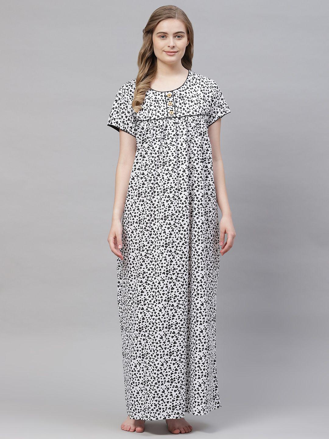 vemante women white pure cotton conversational printed maxi nightdress