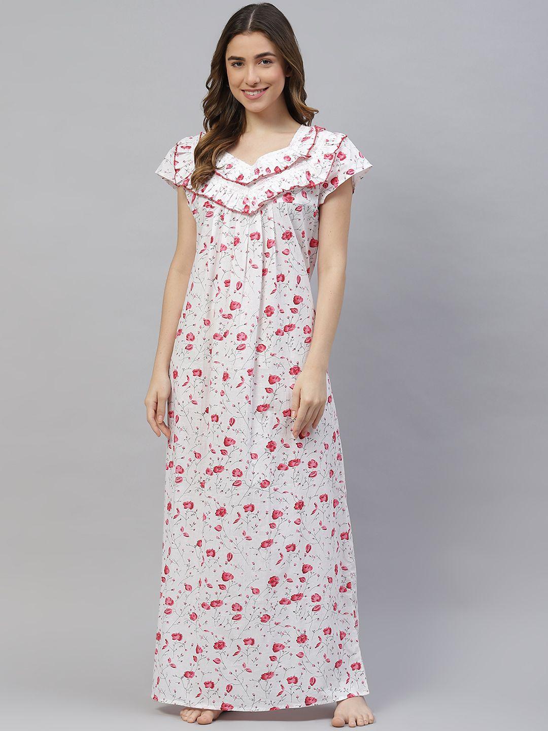 vemante women white pure cotton floral printed maxi nightdress