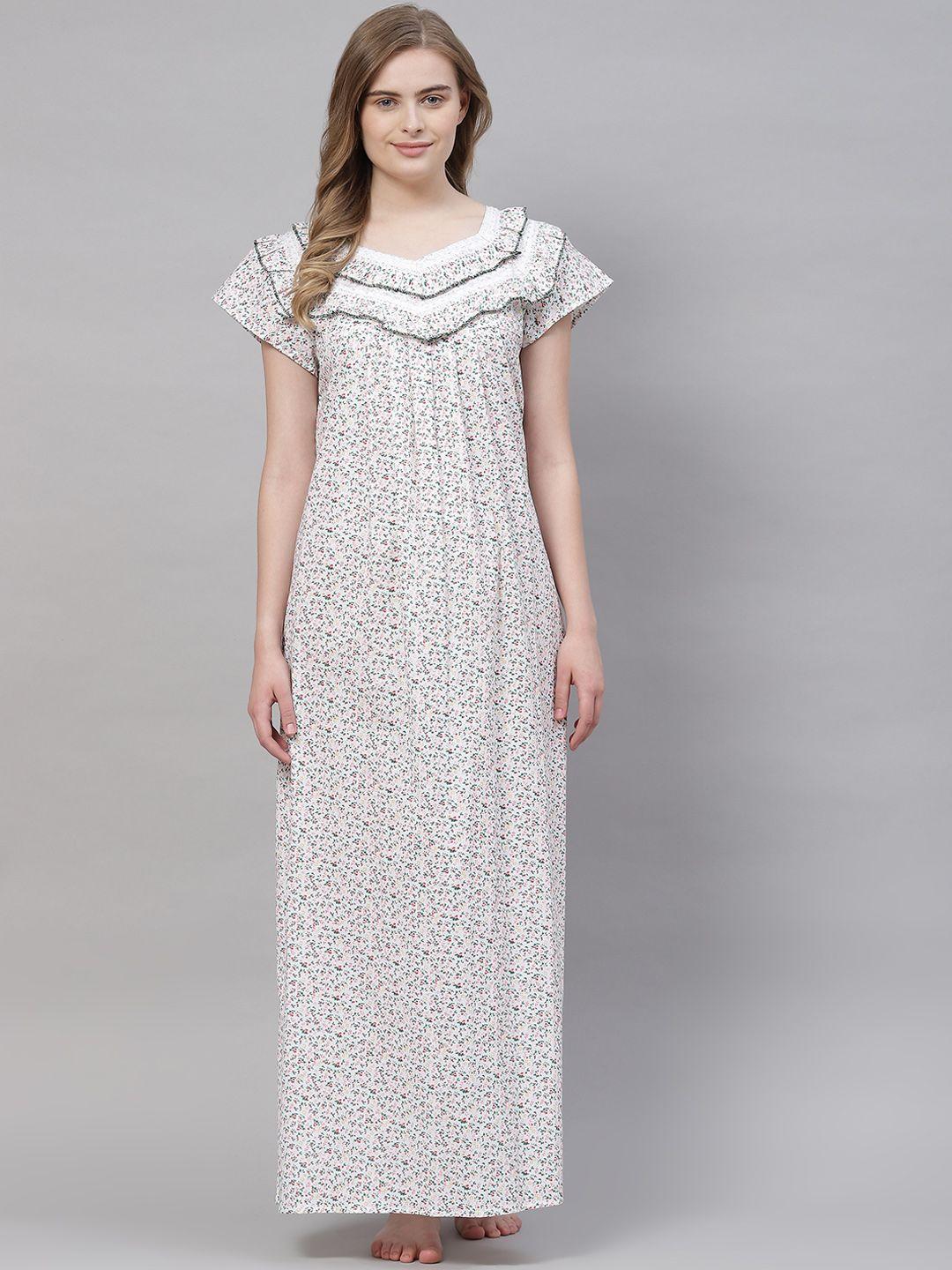 vemante women white pure cotton floral printed maxi nightdress