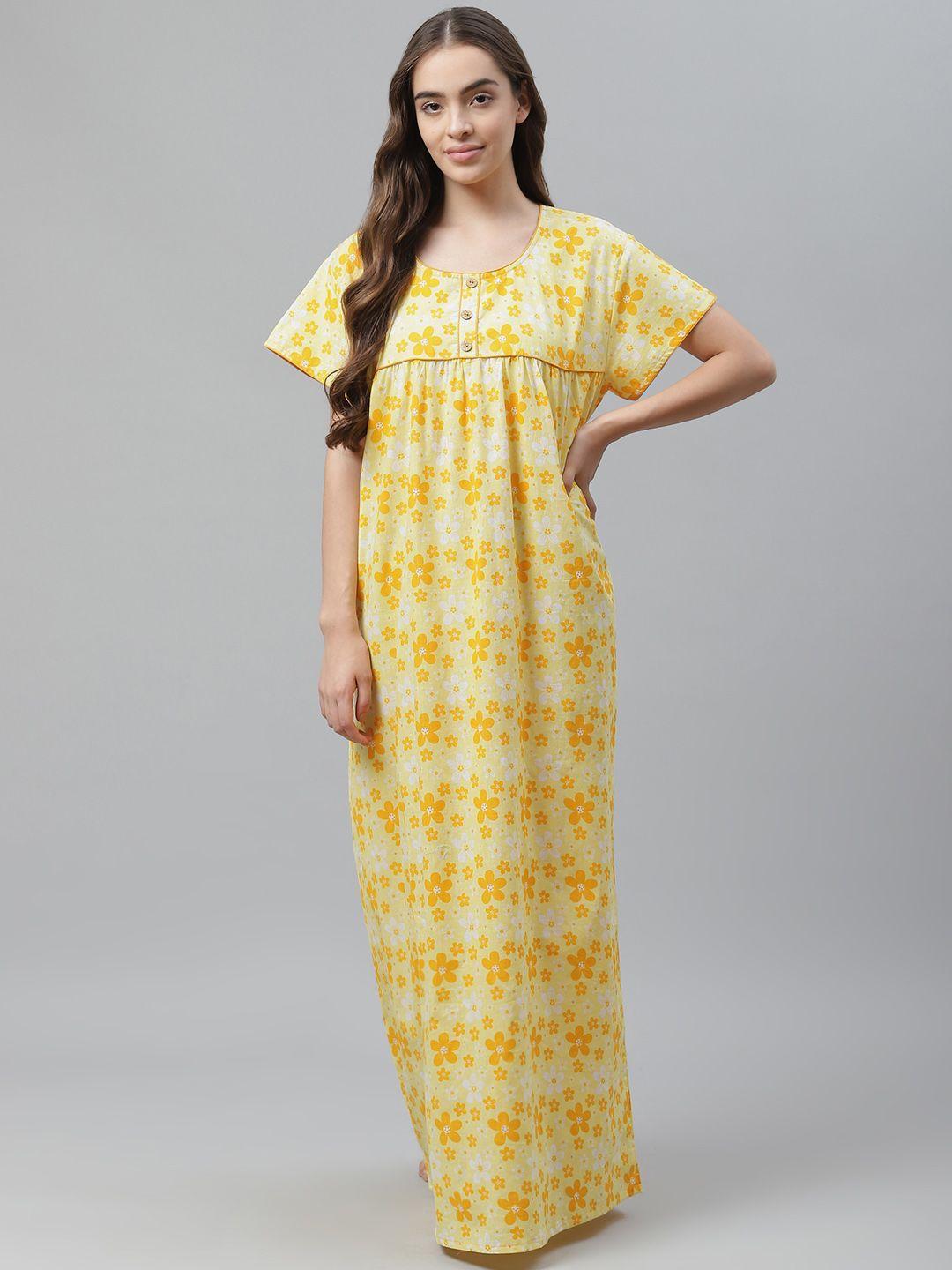 vemante yellow & white floral printed pure cotton maxi nightdress