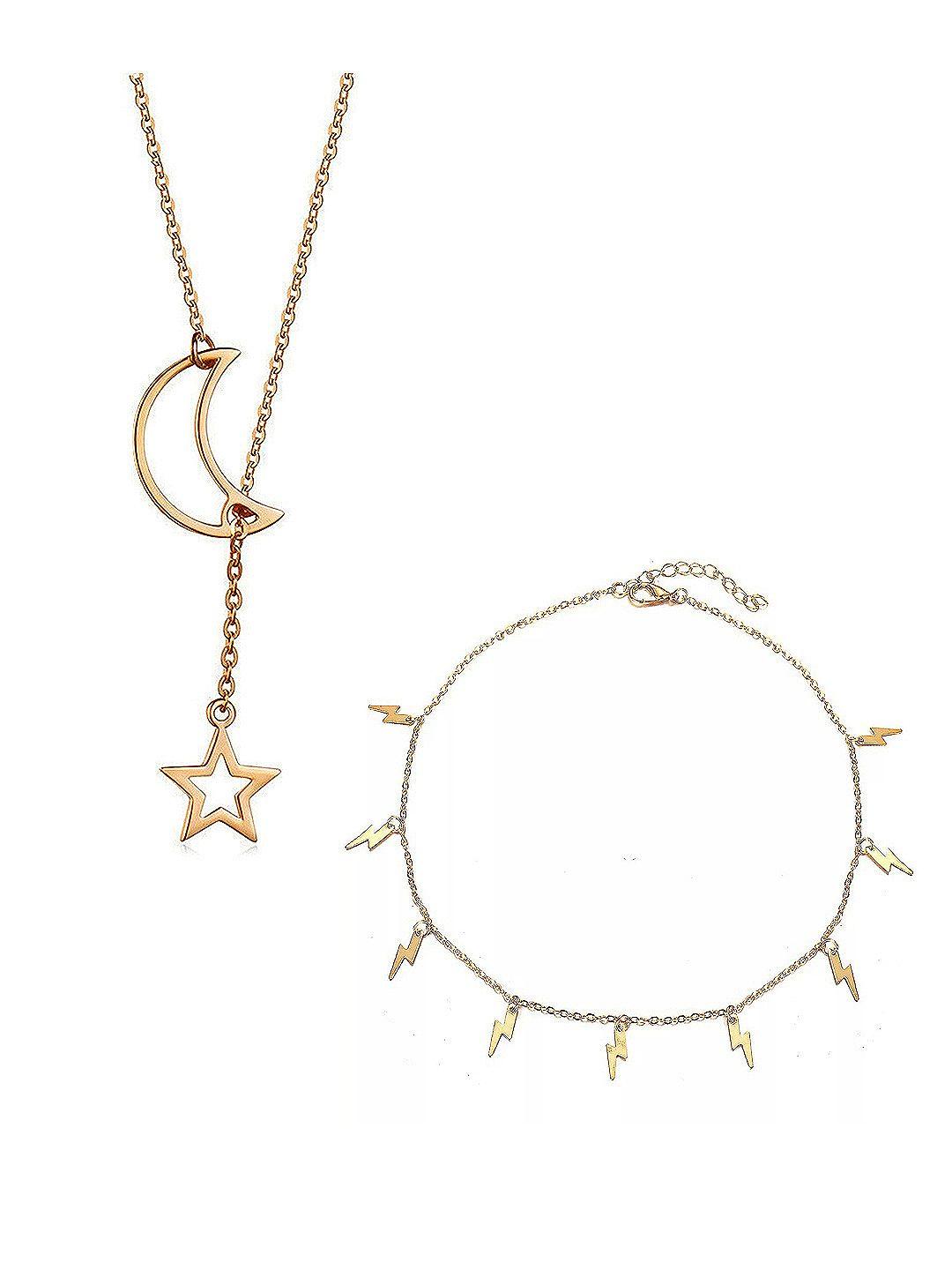 vembley 2 gold-toned gold-plated moon dropping star & thunder storms pendant necklace