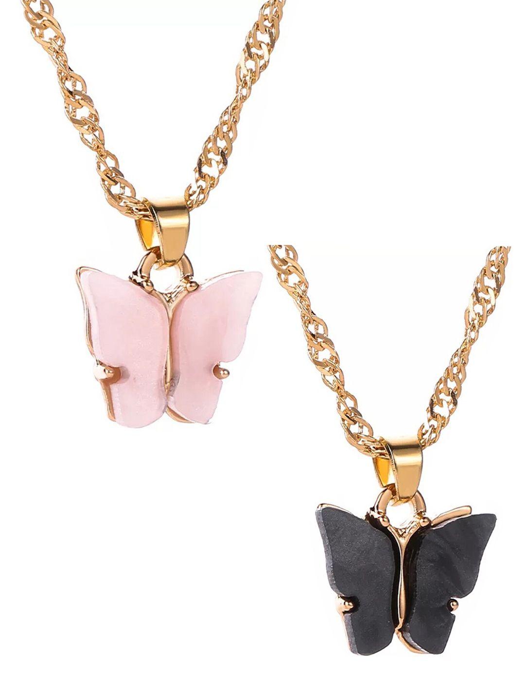 vembley pack of 2 gold-toned pink & black gold-plated necklace