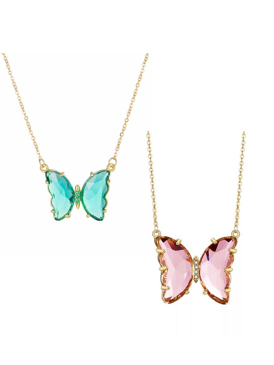 vembley set of 2 gold-plated & turquoise blue crystal butterfly pendant necklace