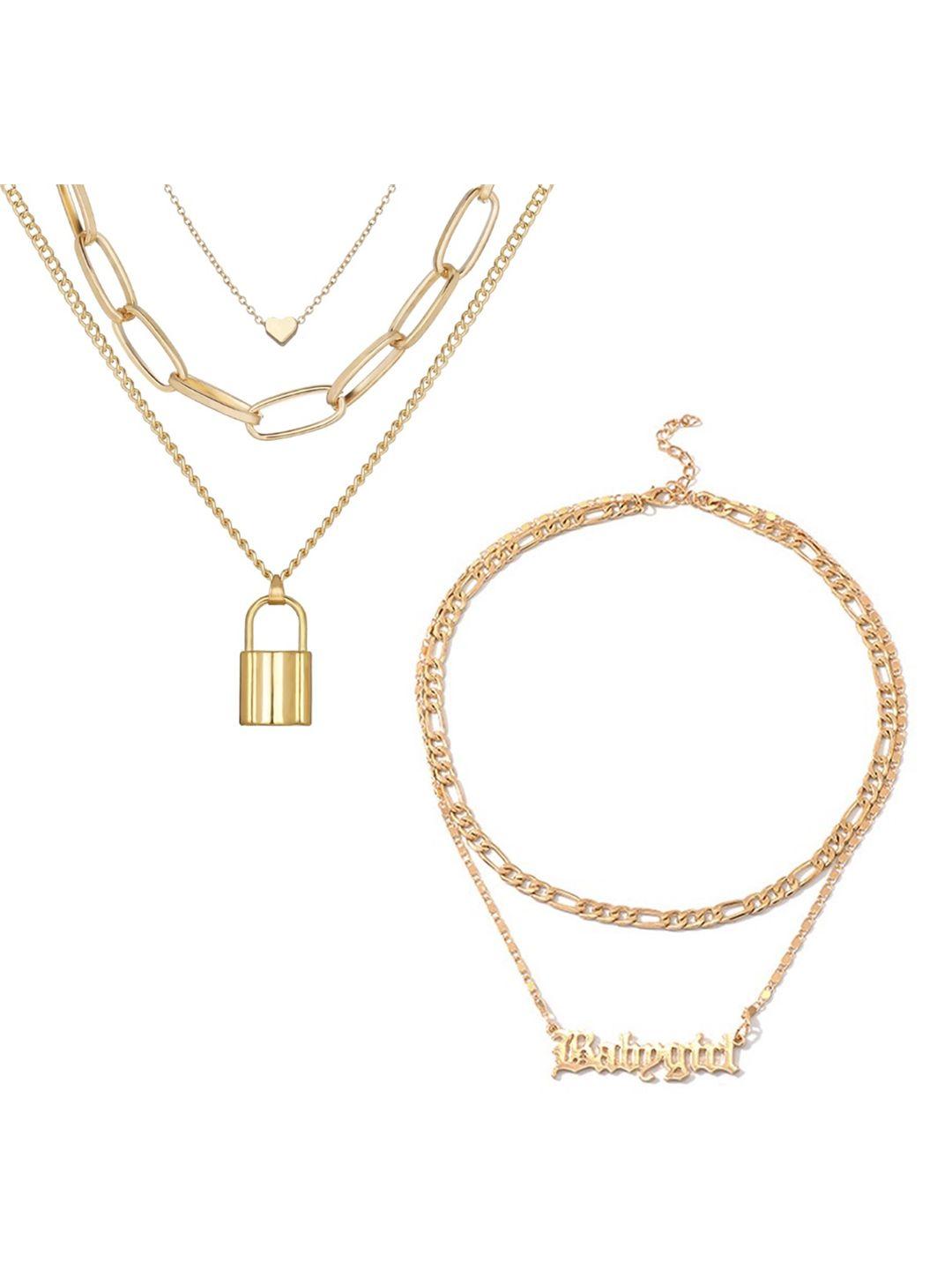 vembley set of 2 gold-plated layered heart lock & babygirl pendant necklace