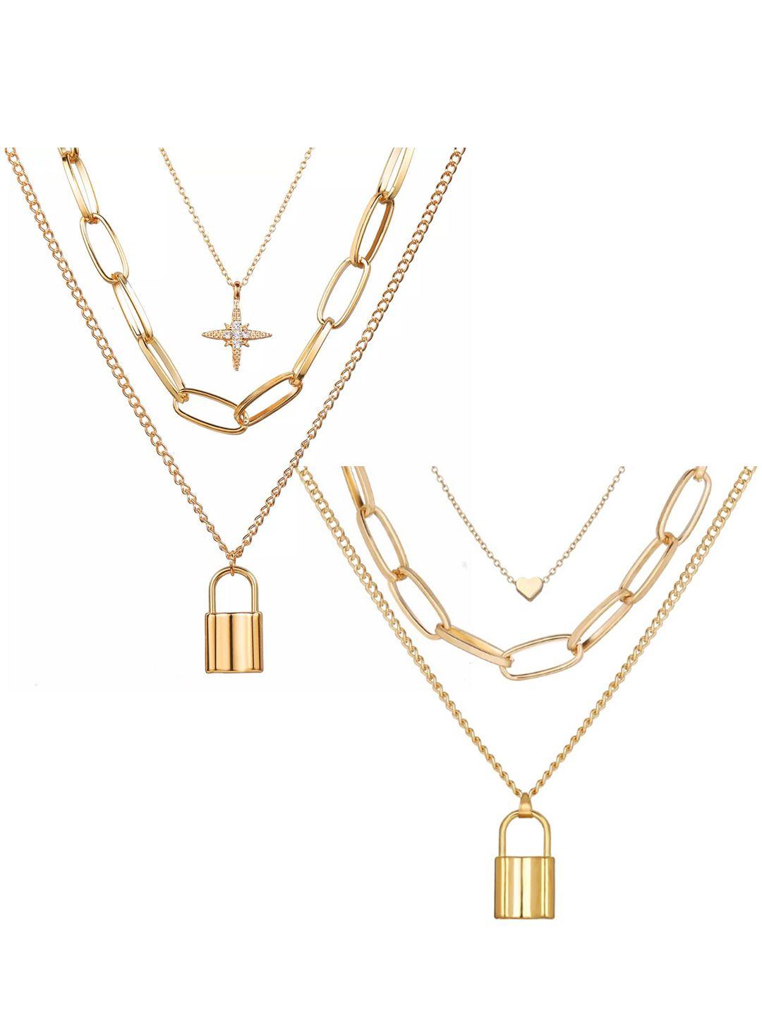 vembley set of 2 gold-plated triple layered heart & star lock necklace