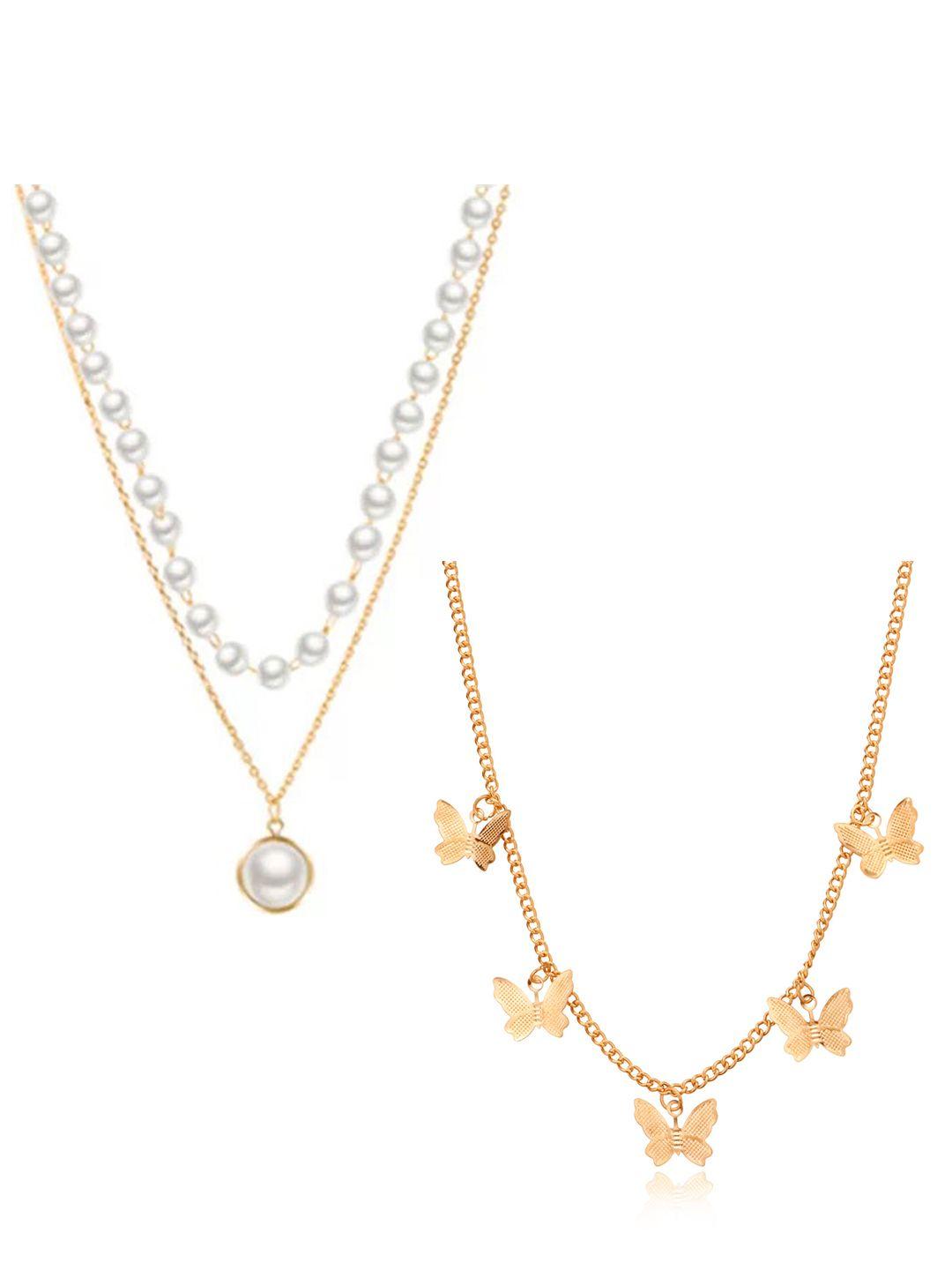 vembley set of 2 gold-toned & white pearl double layered & butterfly necklace