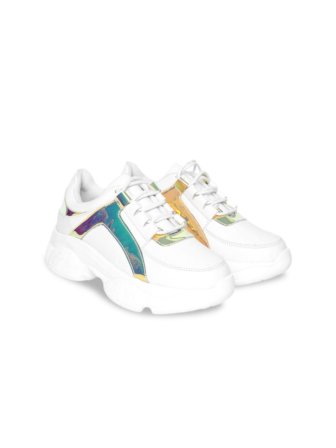 vendoz women white & yellow colourblocked sneakers