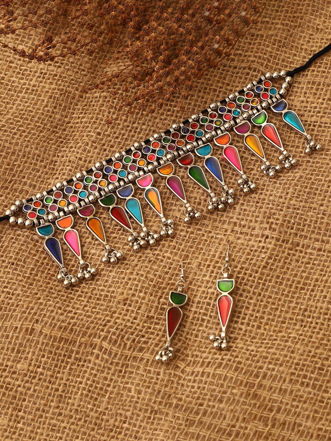 veni multicolor silver plated stone studded oxidized jewellery set