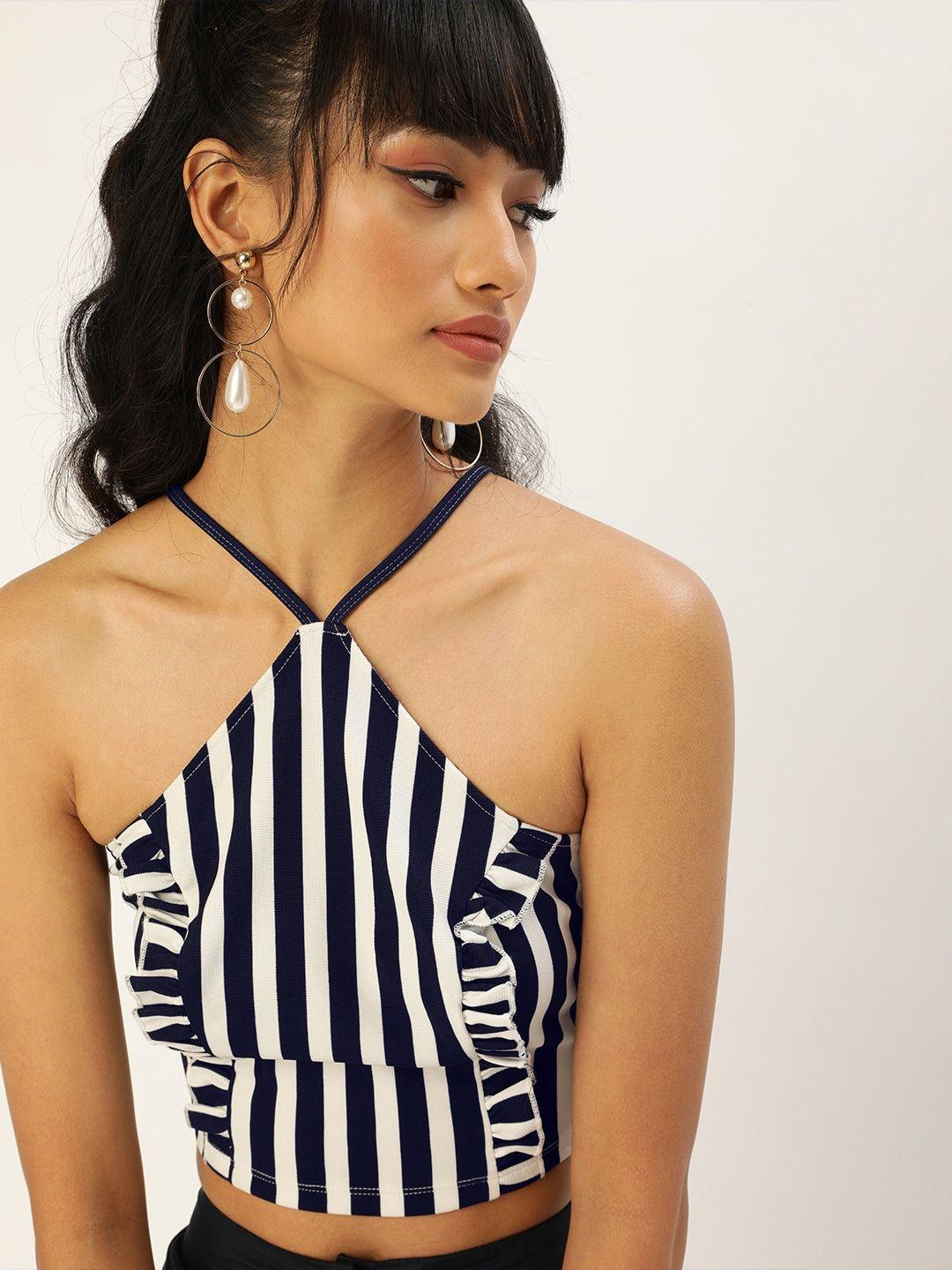 veni vidi vici deep navy blue and white striped ruffled crop top