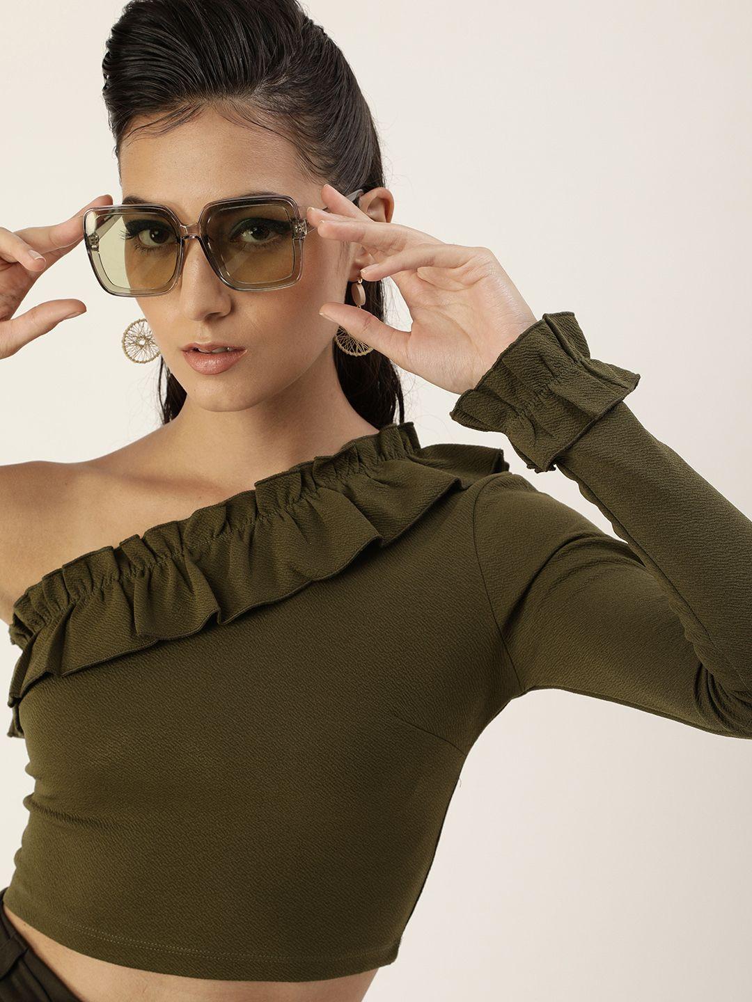 veni vidi vici elegant olive green ruffled one shoulder blouson top