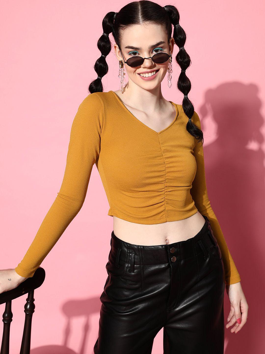 veni vidi vici mustard yellow solid ruched v-neck crop top