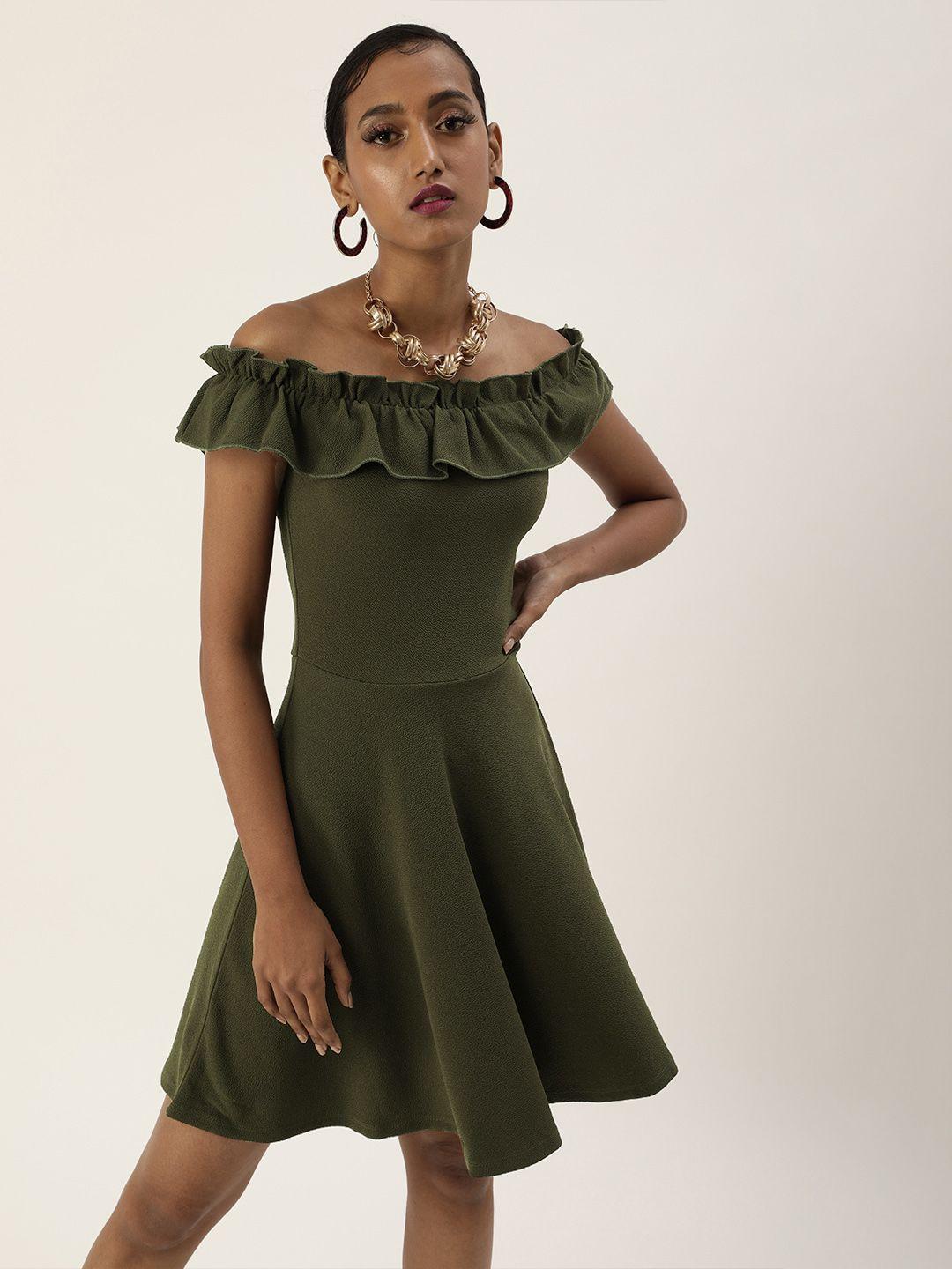 veni vidi vici olive green solid ruffled off shoulder fit and flare dress