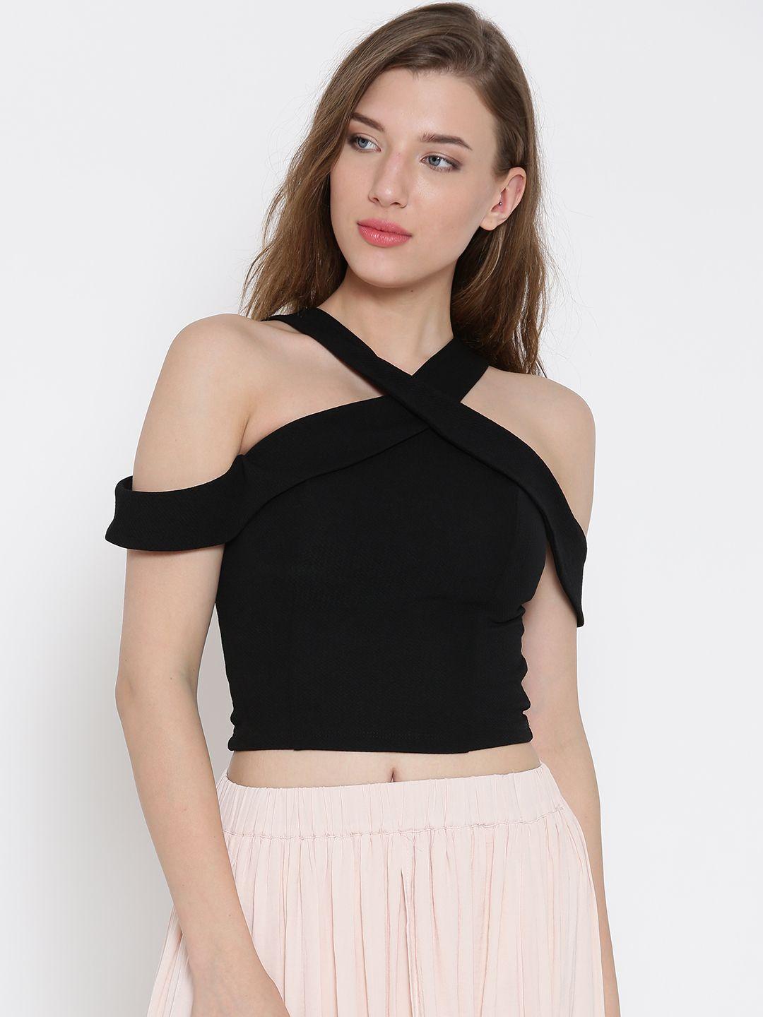 veni vidi vici women black cold shoulder crop fitted top