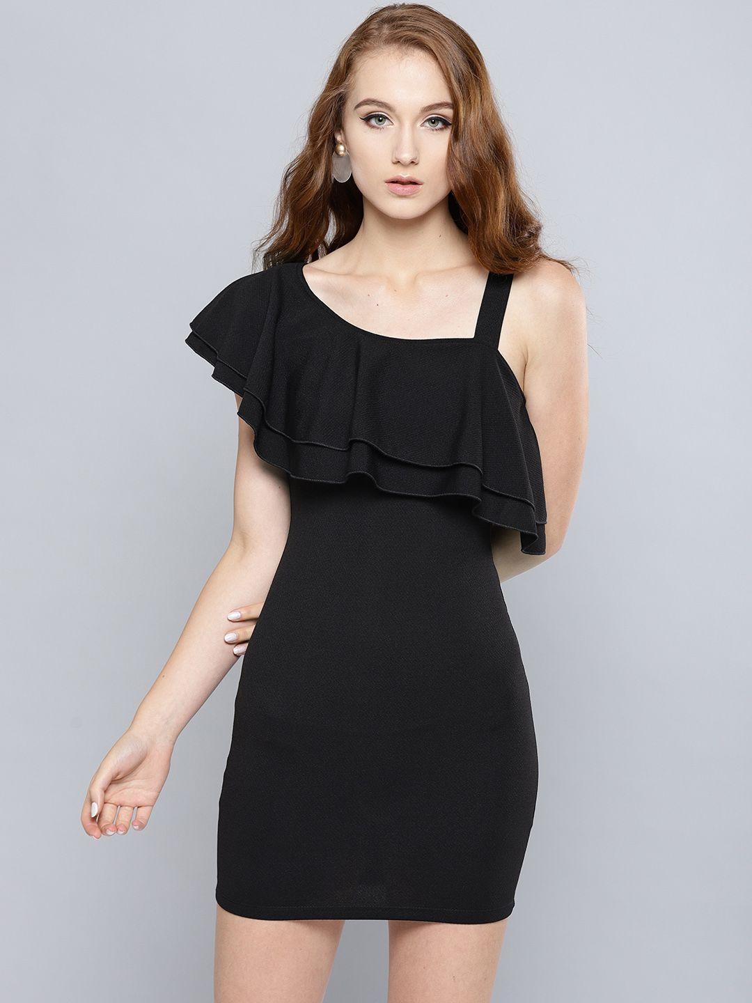 veni vidi vici women black solid ruffled one shoulder bodycon dress