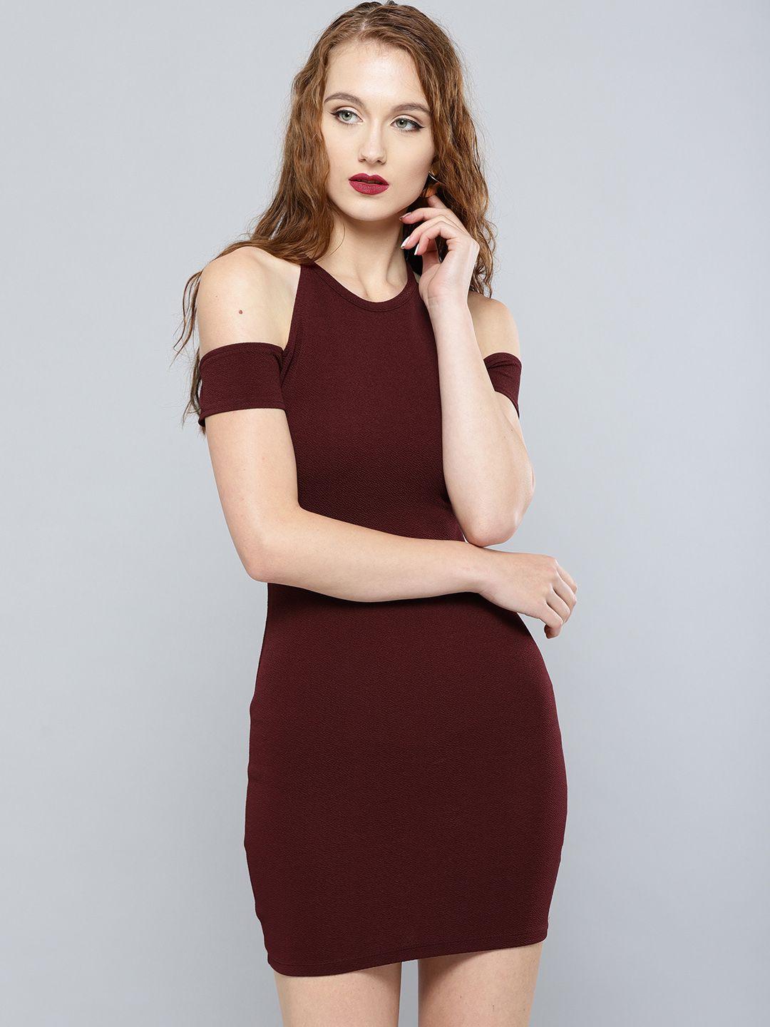 veni vidi vici women burgundy solid cold shoulder bodycon dress