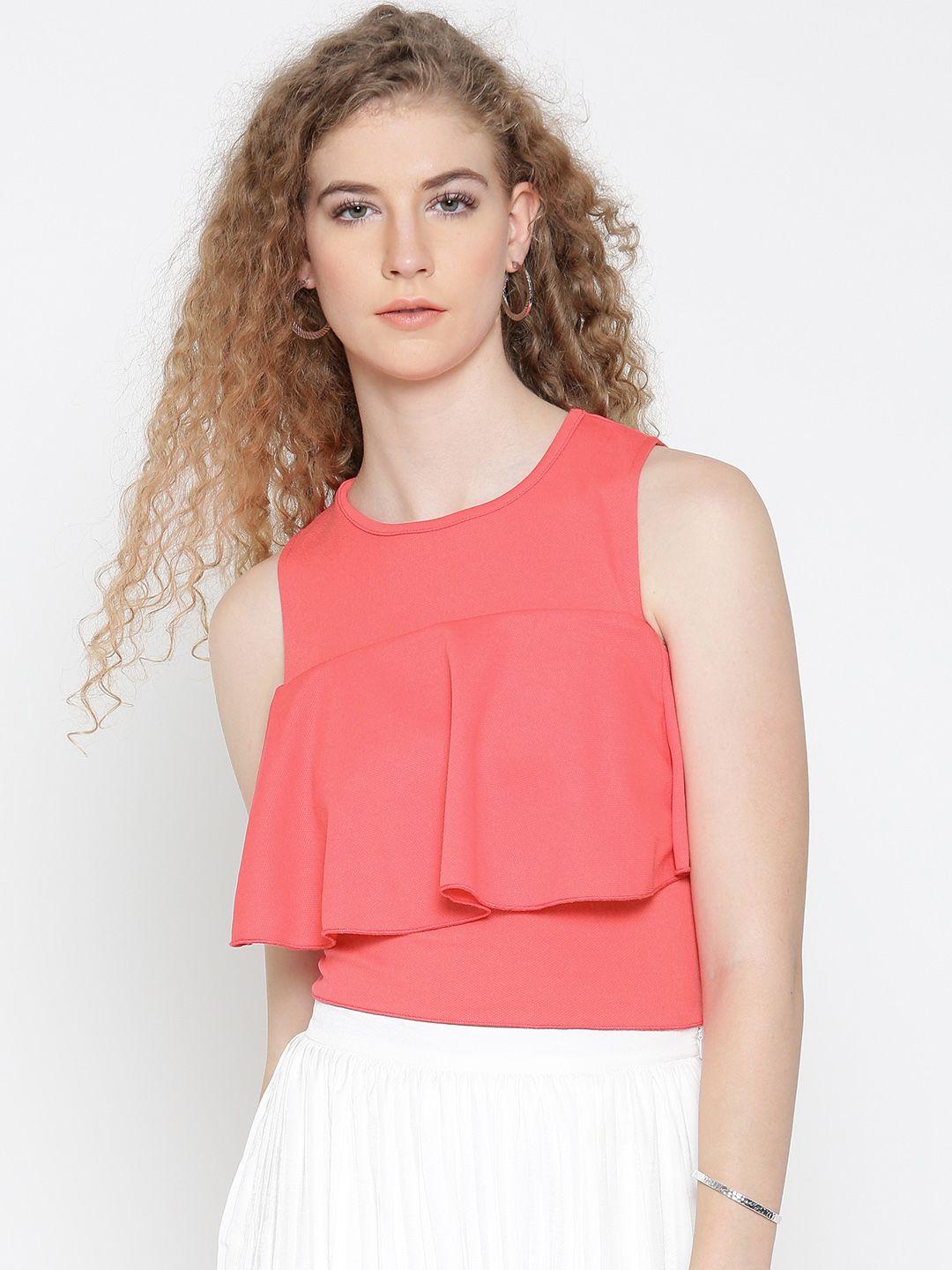 veni vidi vici women coral pink solid layered crop fitted top