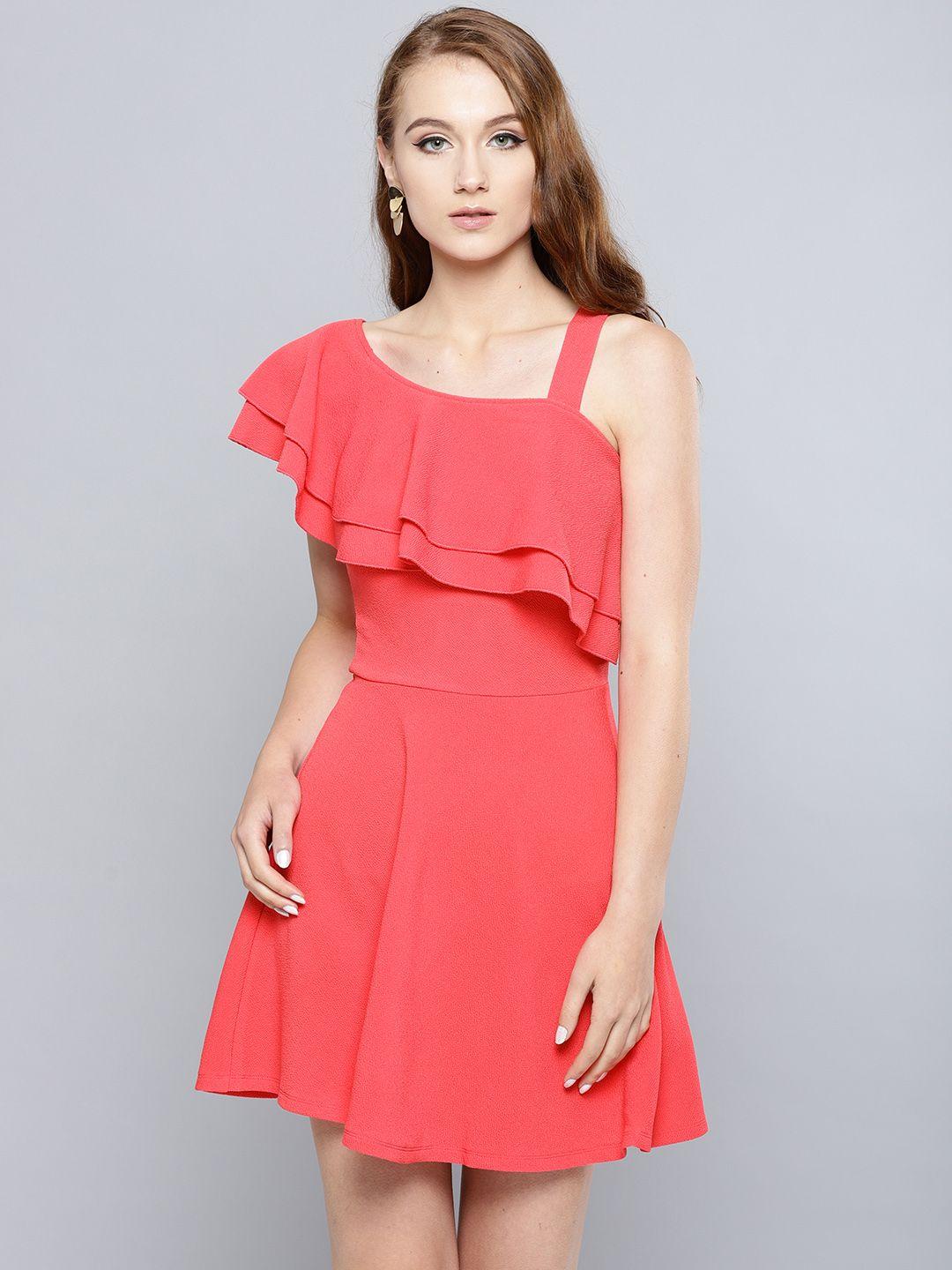 veni vidi vici women coral pink solid one-shoulder fit and flare dress