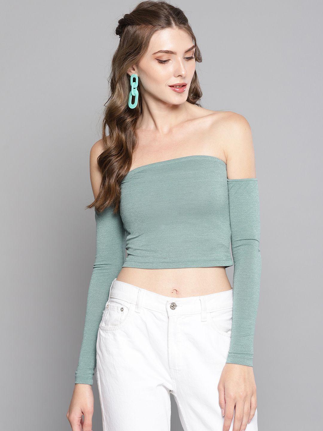 veni vidi vici women green solid bardot crop top