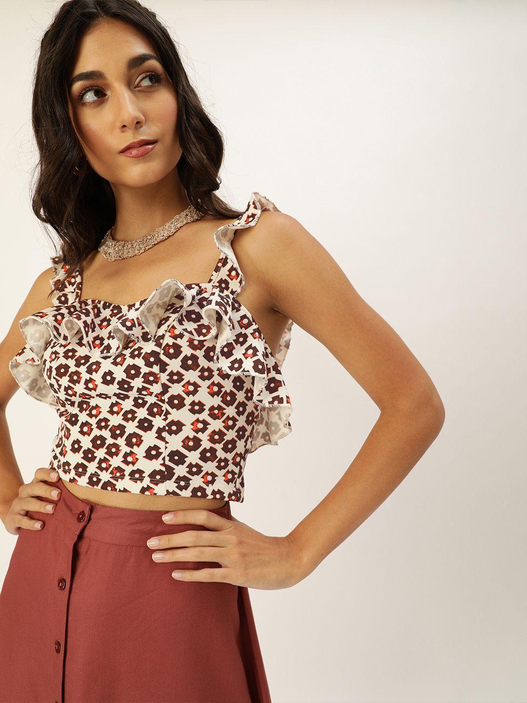 veni vidi vici women maroon & white printed frilled tie back tank crop top