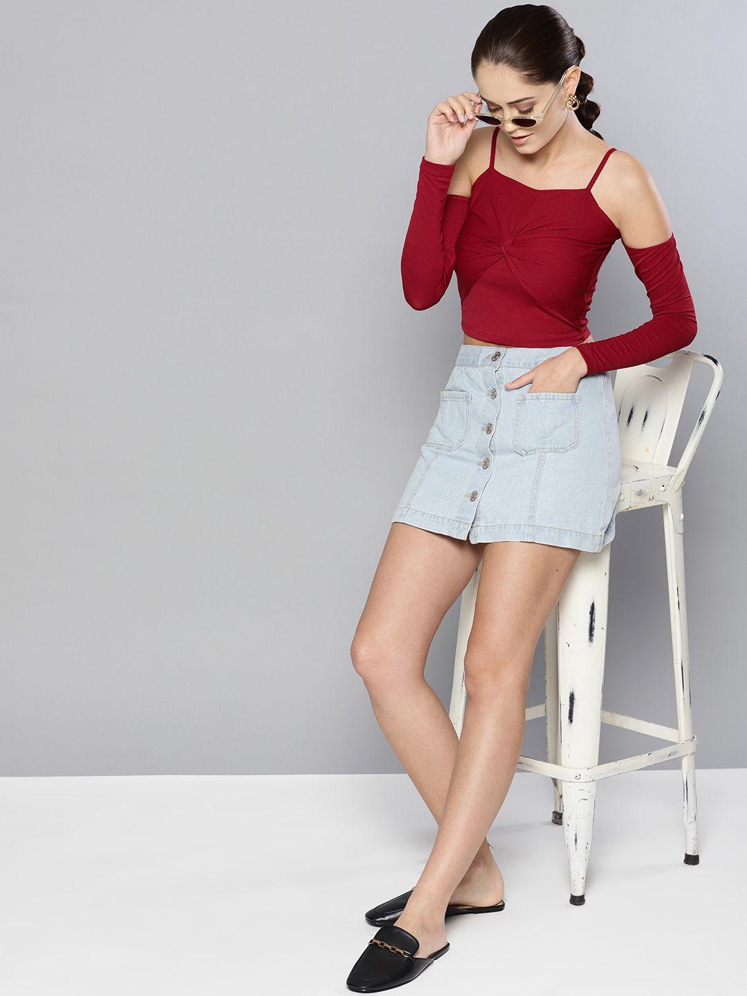 veni vidi vici women maroon solid bardot crop top