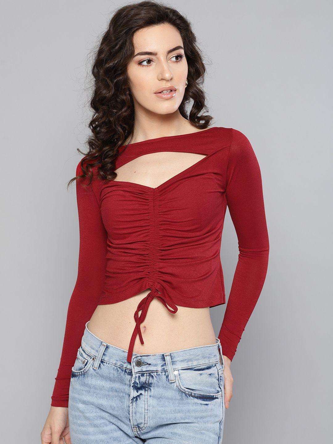 veni vidi vici women maroon solid fitted crop top