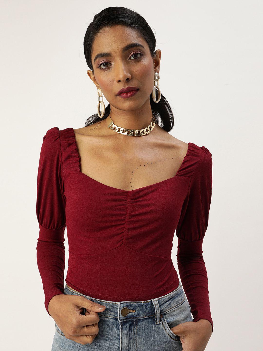 veni vidi vici women maroon solid fitted crop top