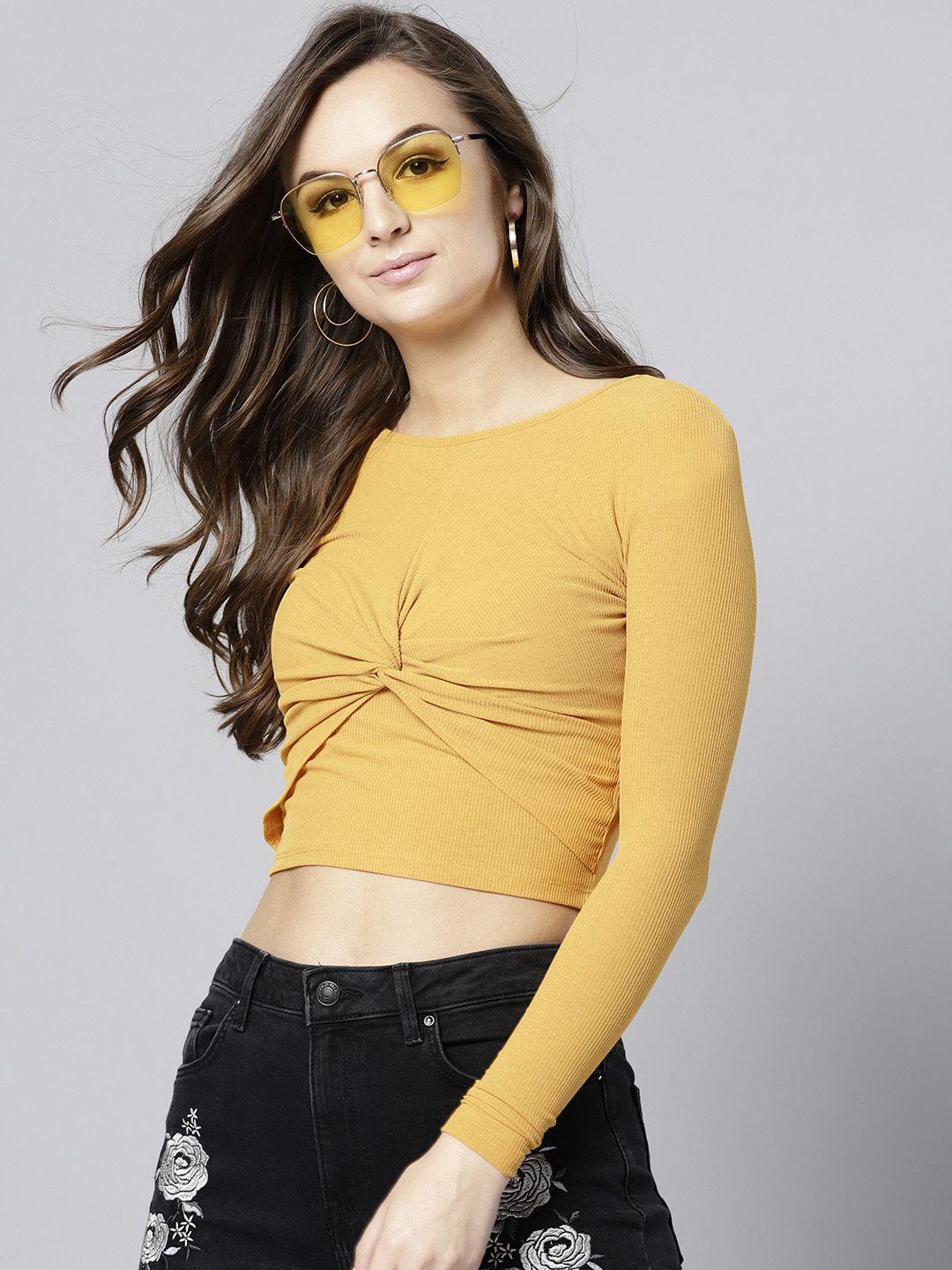 veni vidi vici women mustard yellow solid fitted crop top