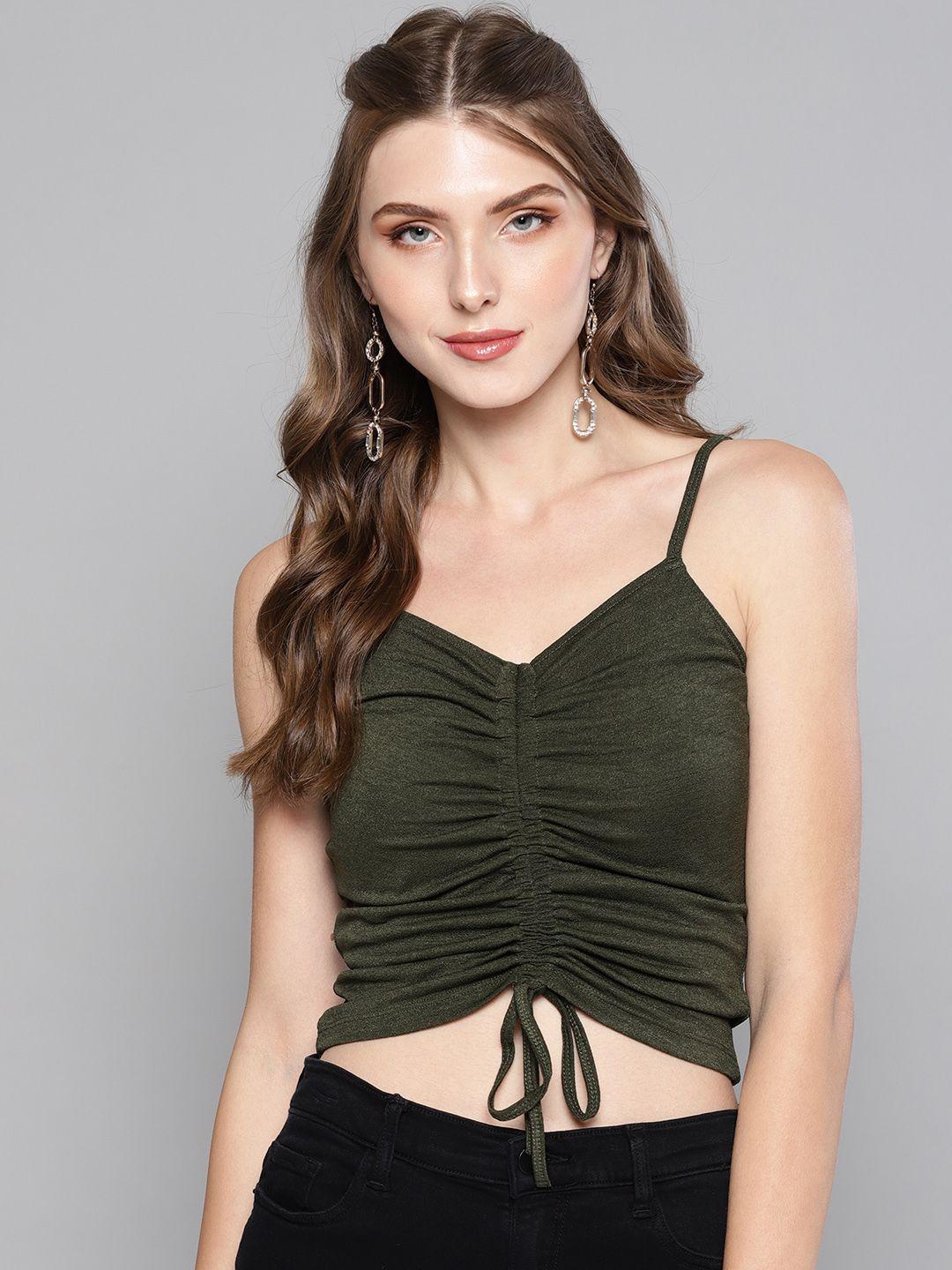 veni vidi vici women olive green solid fitted crop top