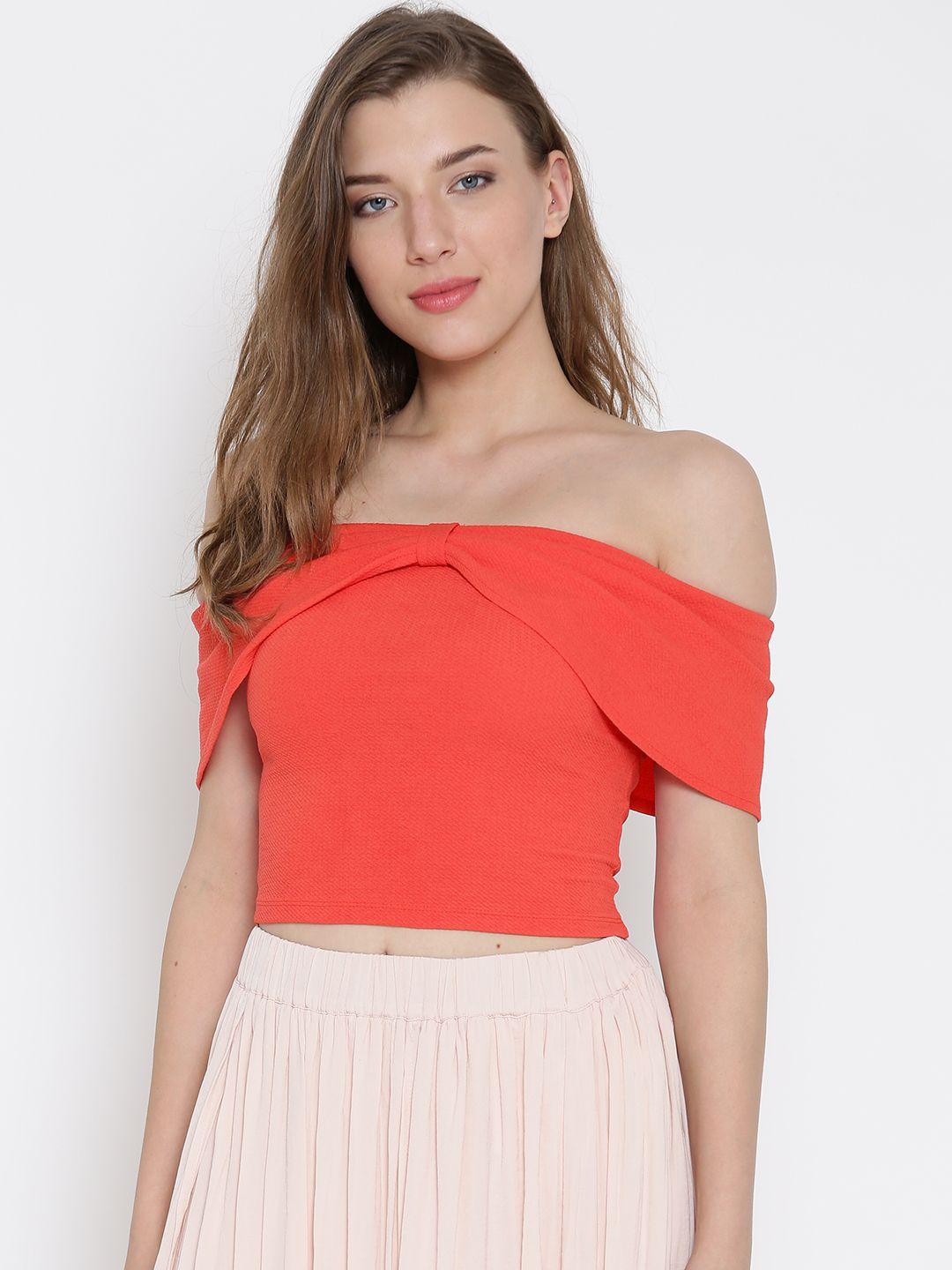 veni vidi vici women orange self-design crop bardot top