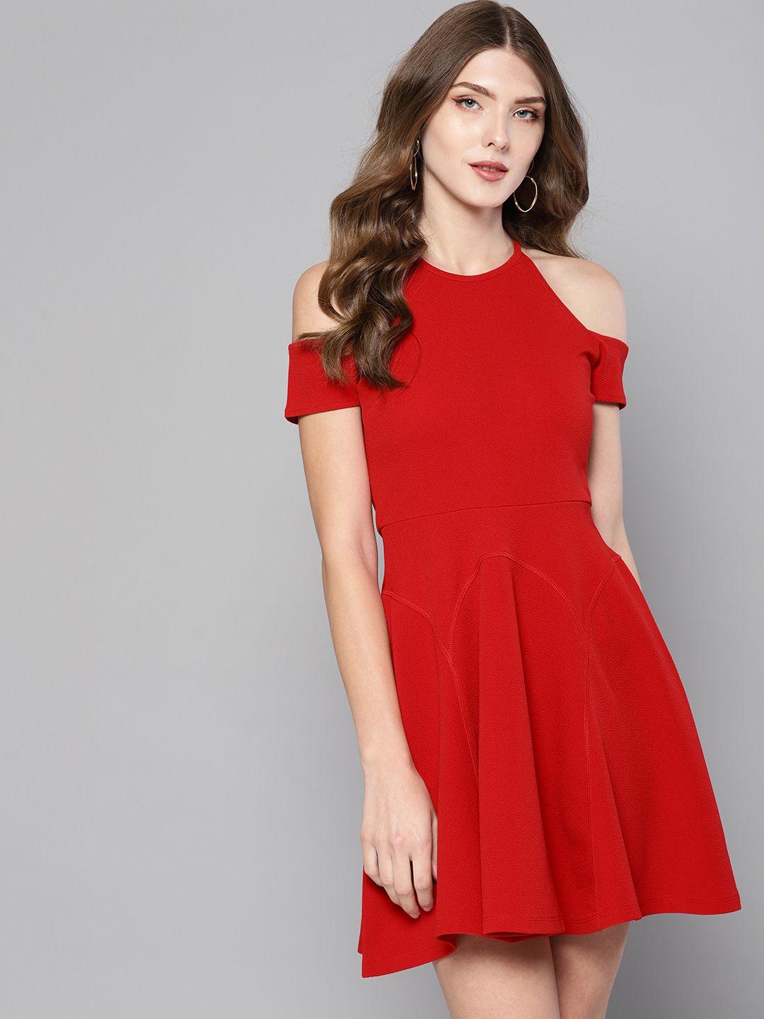 veni vidi vici women red solid cold-shoulder fit & flare dress