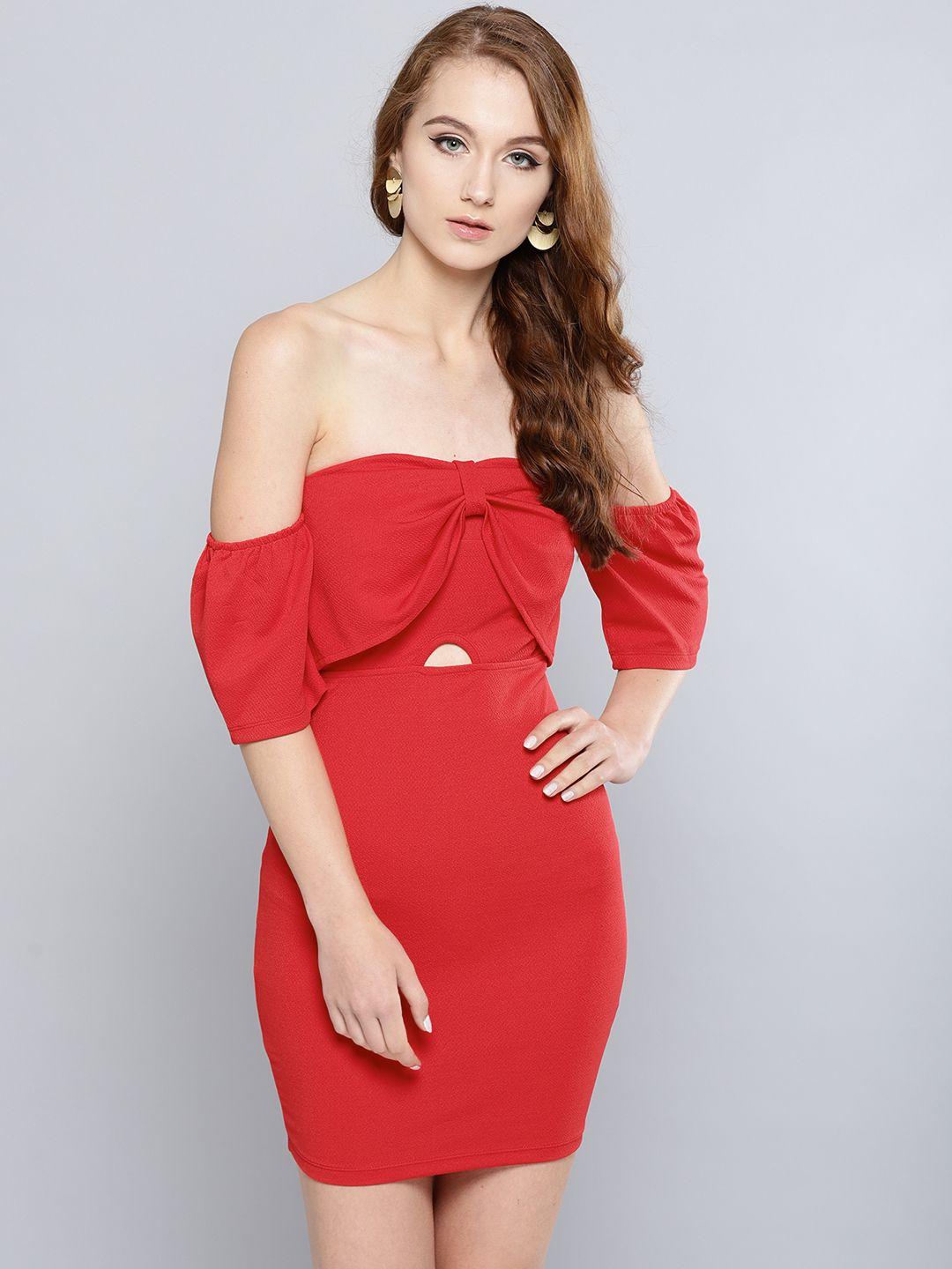 veni vidi vici women red solid off shoulder bodycon dress