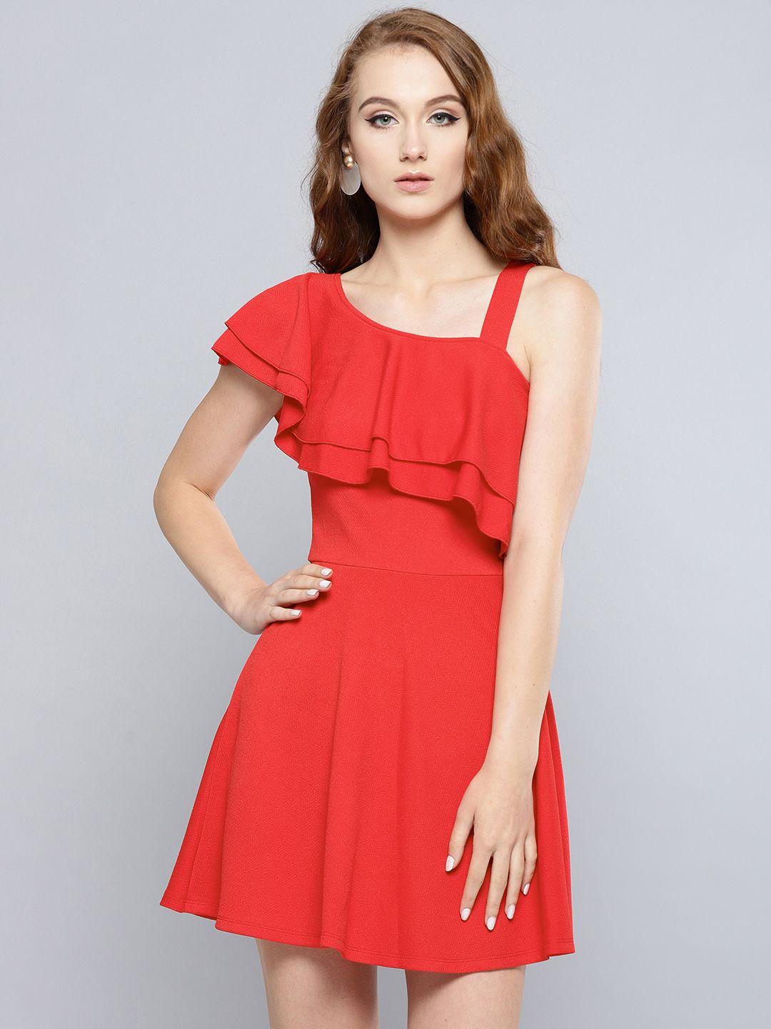 veni vidi vici women red solid one-shoulder fit and flare dress