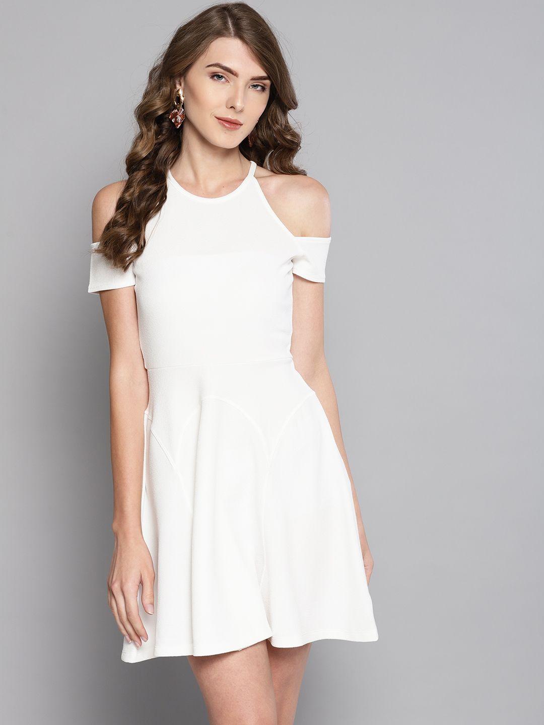 veni vidi vici women white solid cold-shoulder fit & flare dress