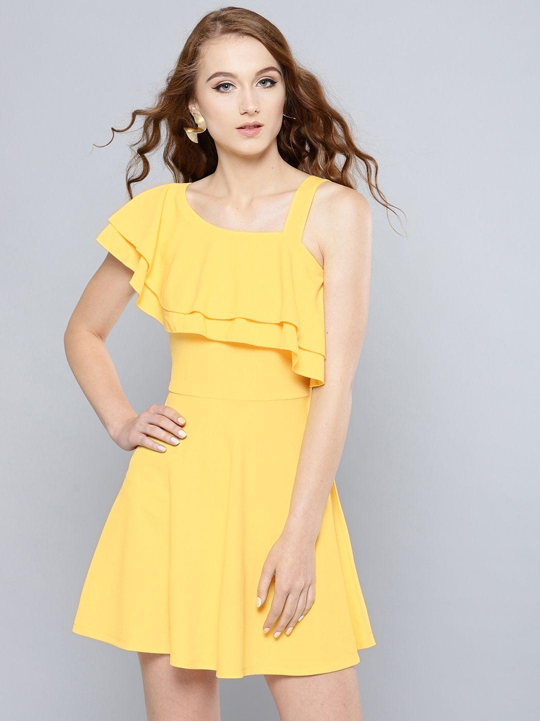 veni vidi vici women yellow solid one-shoulder fit and flare dress