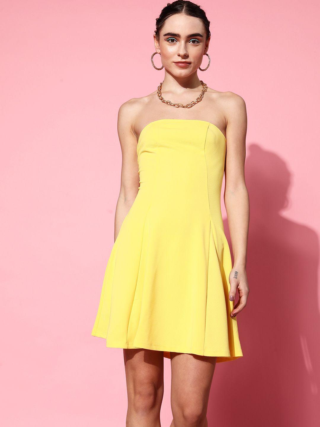 veni vidi vici yellow solid back lace-up off-shoulder fit & flare dress