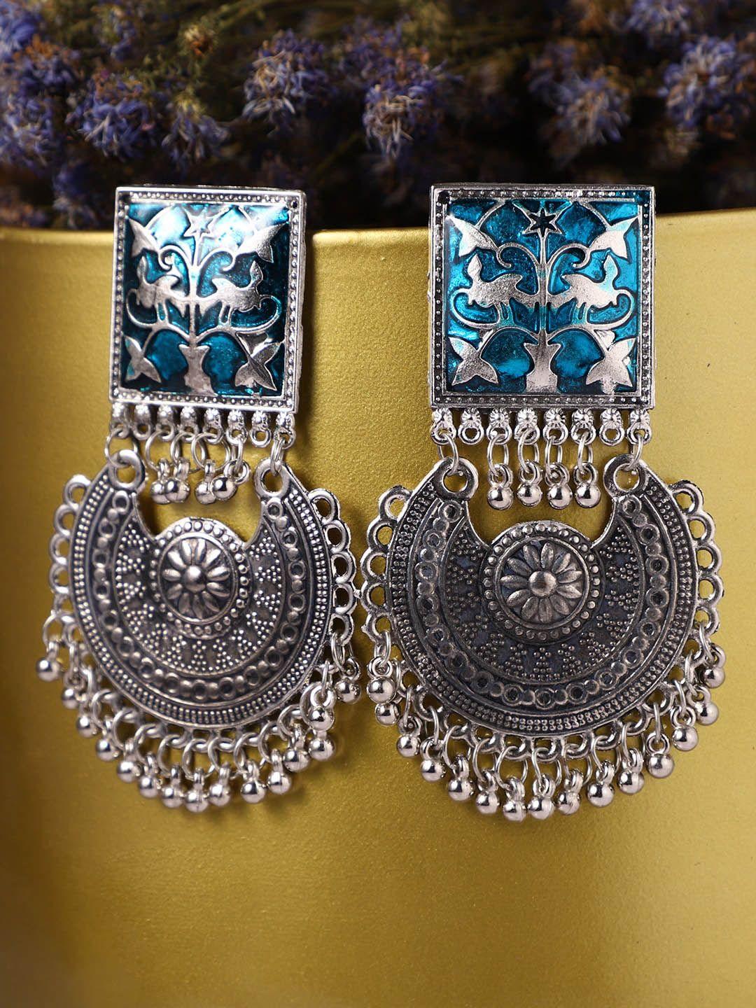 veni women silver-plated oxidised contemporary chandbalis earrings