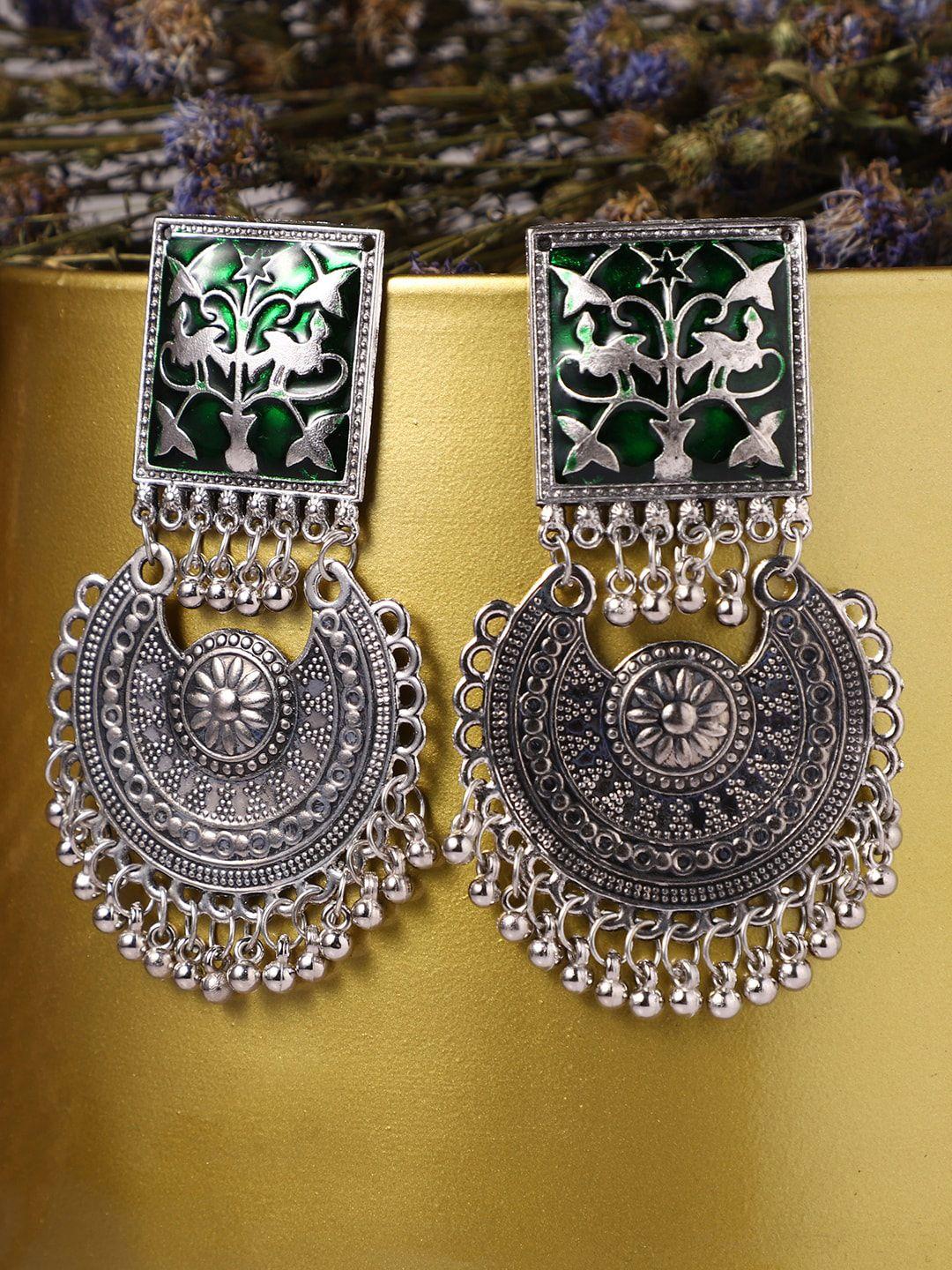 veni women silver-plated oxidised contemporary chandbalis earrings