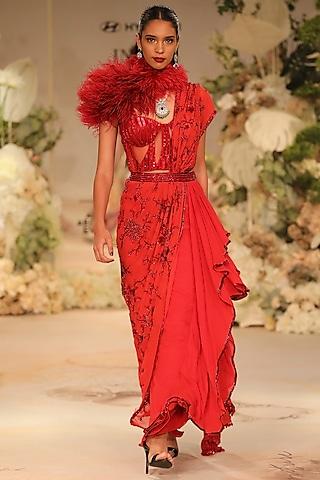 vermilion red georgette sequins embroidered concept saree set