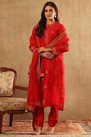 vermillion red pure silk organza hand embroidered kurta set