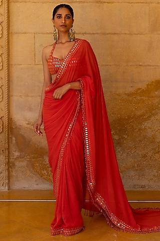 vermillion brick red georgette mirror & thread embroidered saree set