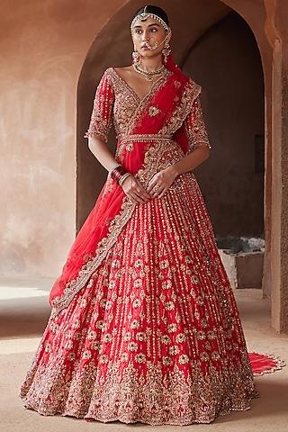 vermillion red raw silk zardosi embroidered lehenga set