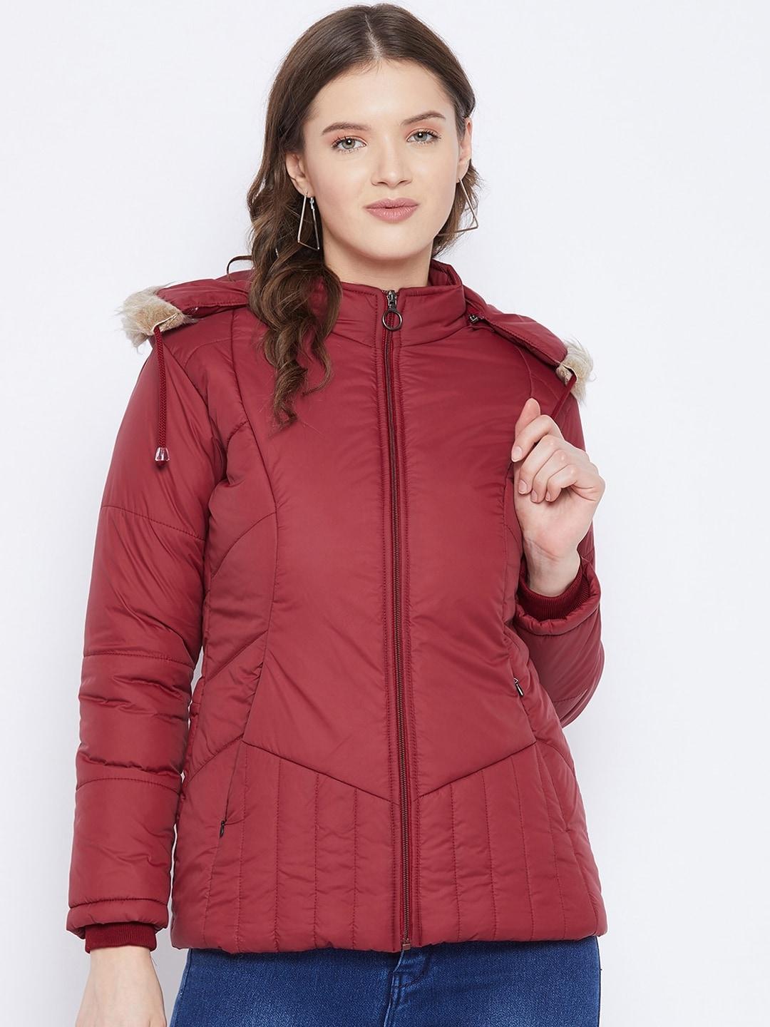 vero amore women maroon insulator padded jacket with detachable hood