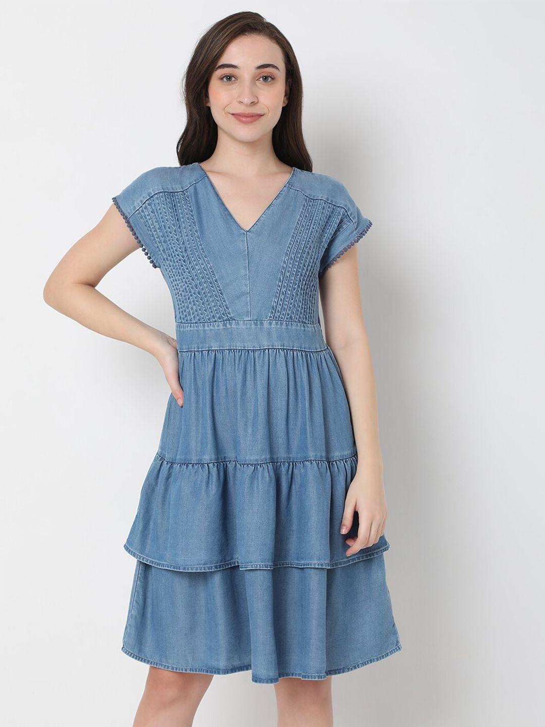 vero-moda-blue-solid-layered-dress